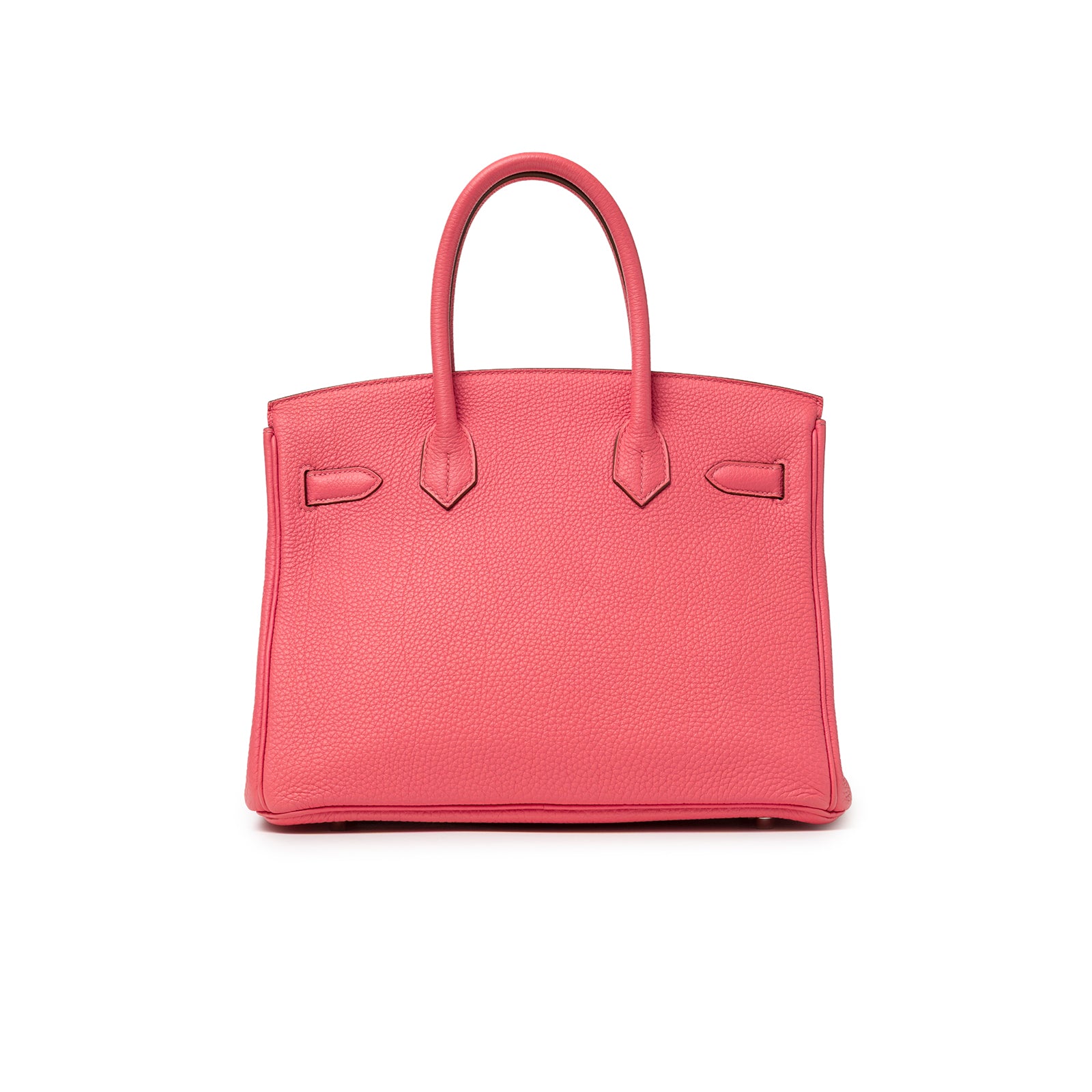 Back view of Hermès Birkin 30 Rose Lipstick Togo Palladium Hardware handbag with smooth texture handles.