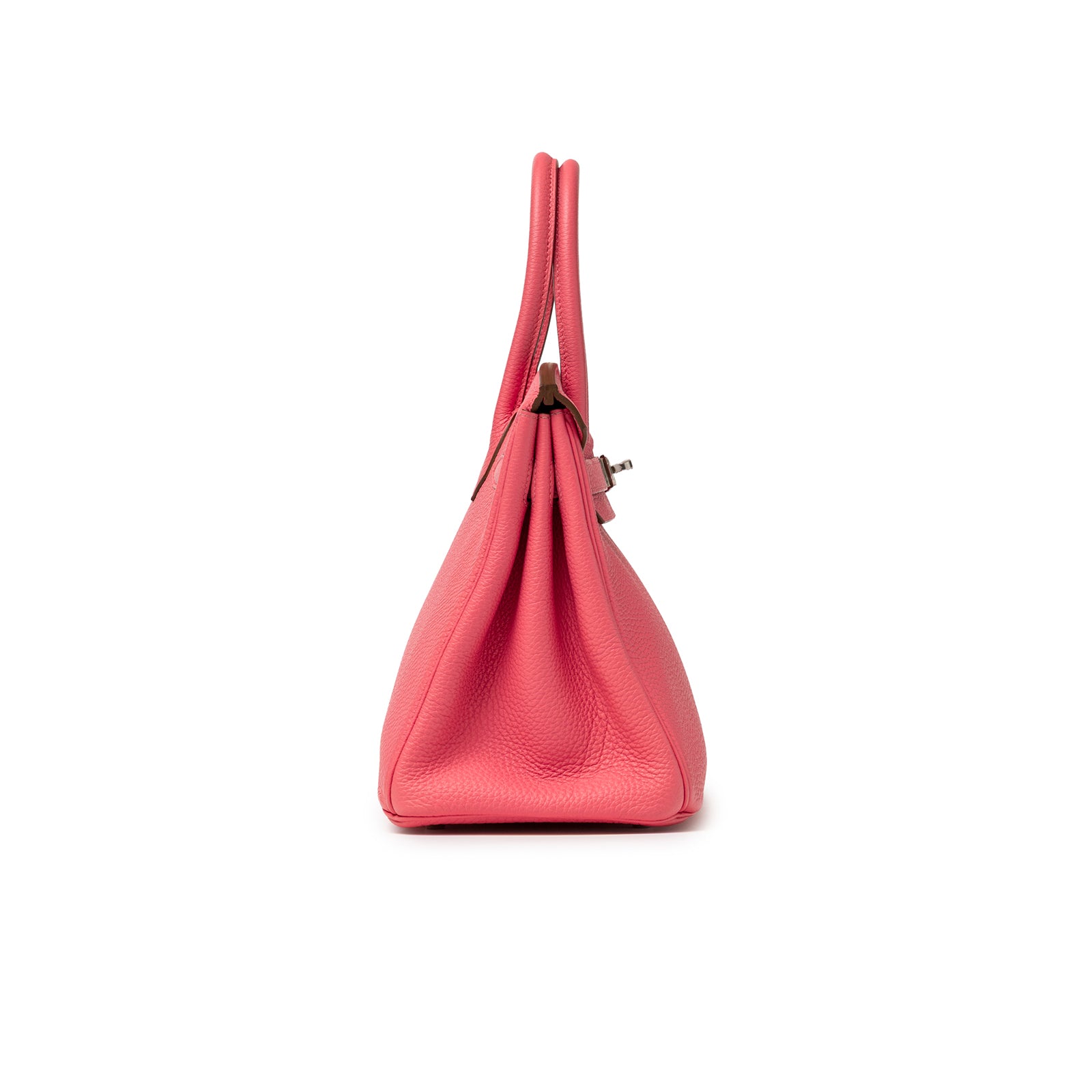 Side profile of Hermès Birkin 30 Rose Lipstick Togo Palladium Hardware showing textured leather and handles.