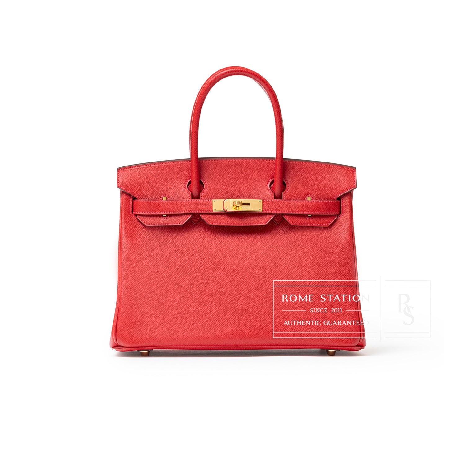 Front view of Hermès Birkin 30 Rouge Casaque Epsom Gold Hardware showing structured silhouette and clasp detail