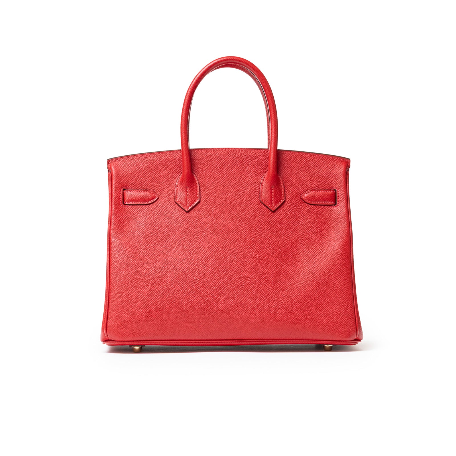 Front view of Hermès Birkin 30 Rouge Casaque Epsom Gold Hardware in vibrant red with smooth leather finish