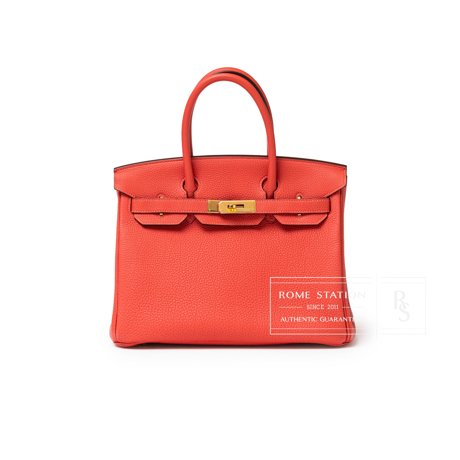 Back view of Hermès Birkin 30 Rouge Pivoine Clemence Gold Hardware bag showcasing pebble leather texture and gold clasp details