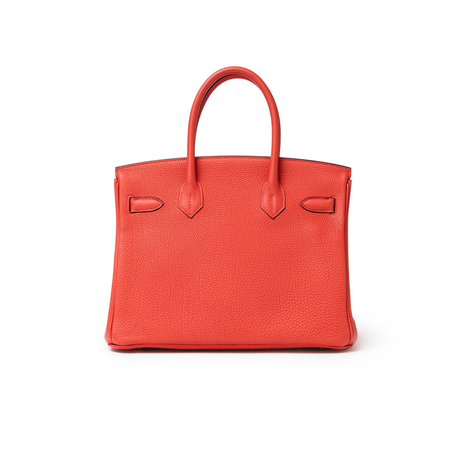 Front view of Hermès Birkin 30 Rouge Pivoine Clemence Gold Hardware showing textured leather and dual handles