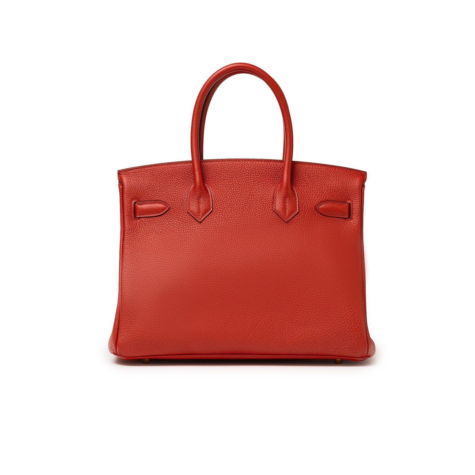 Back view of Hermès Birkin 30 Rouge Togo leather handbag with gold hardware and dual top handles.