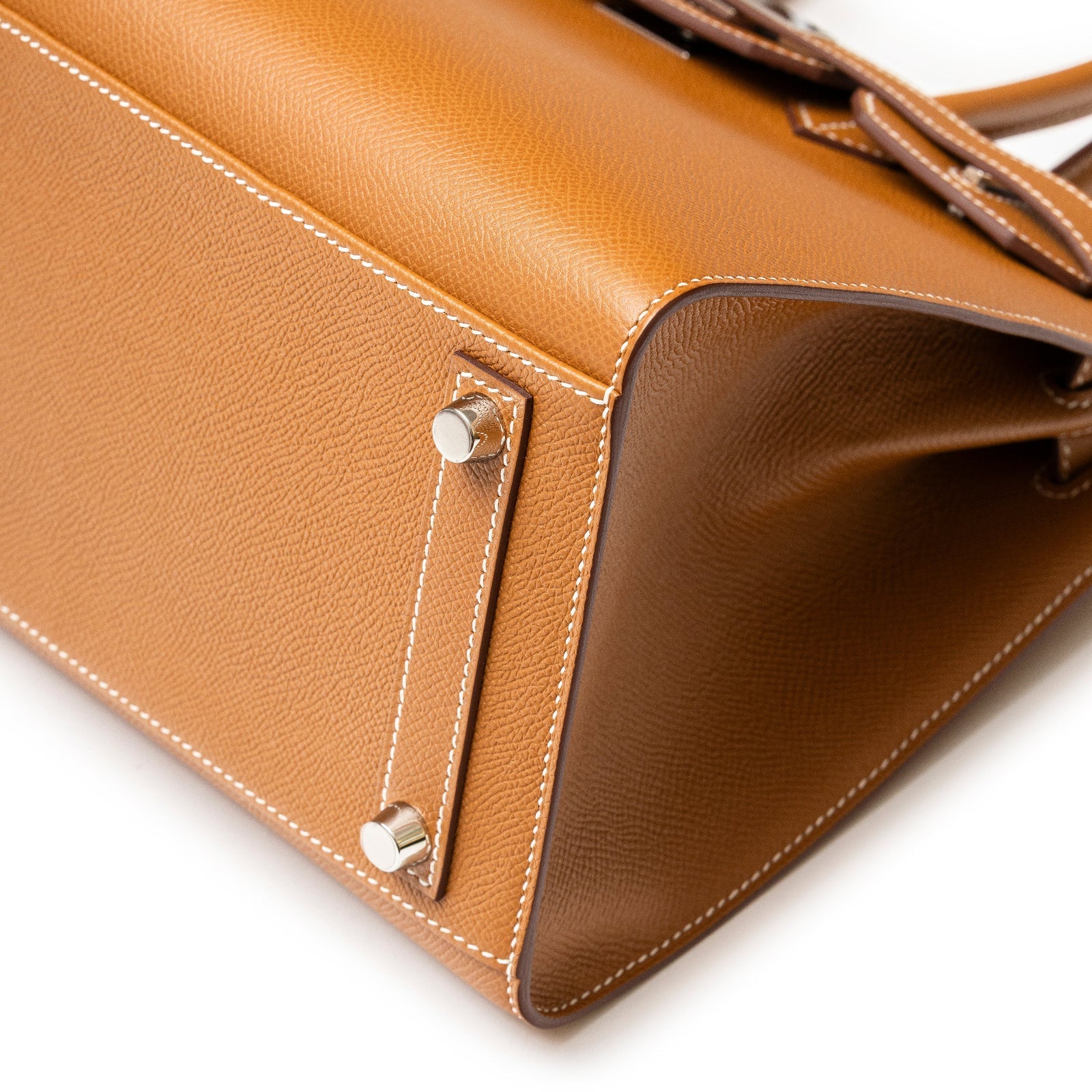 Close-up side view of gold Epsom leather Hermès Birkin 30 Sellier with palladium hardware Hermès