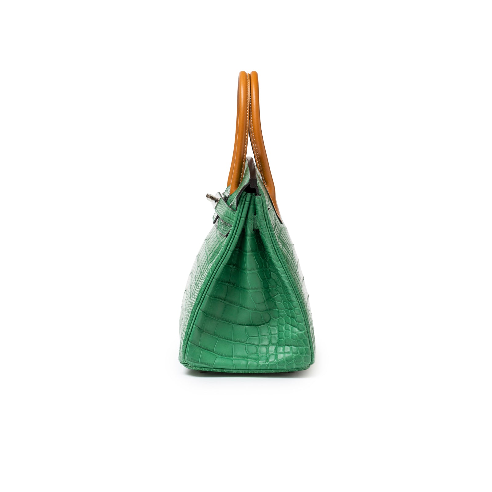 Side profile of Hermès Birkin 30 Touch Cactus/Naturel-Sable Matte Alligator Palladium Hardware bag showing green alligator texture and tan handles.
