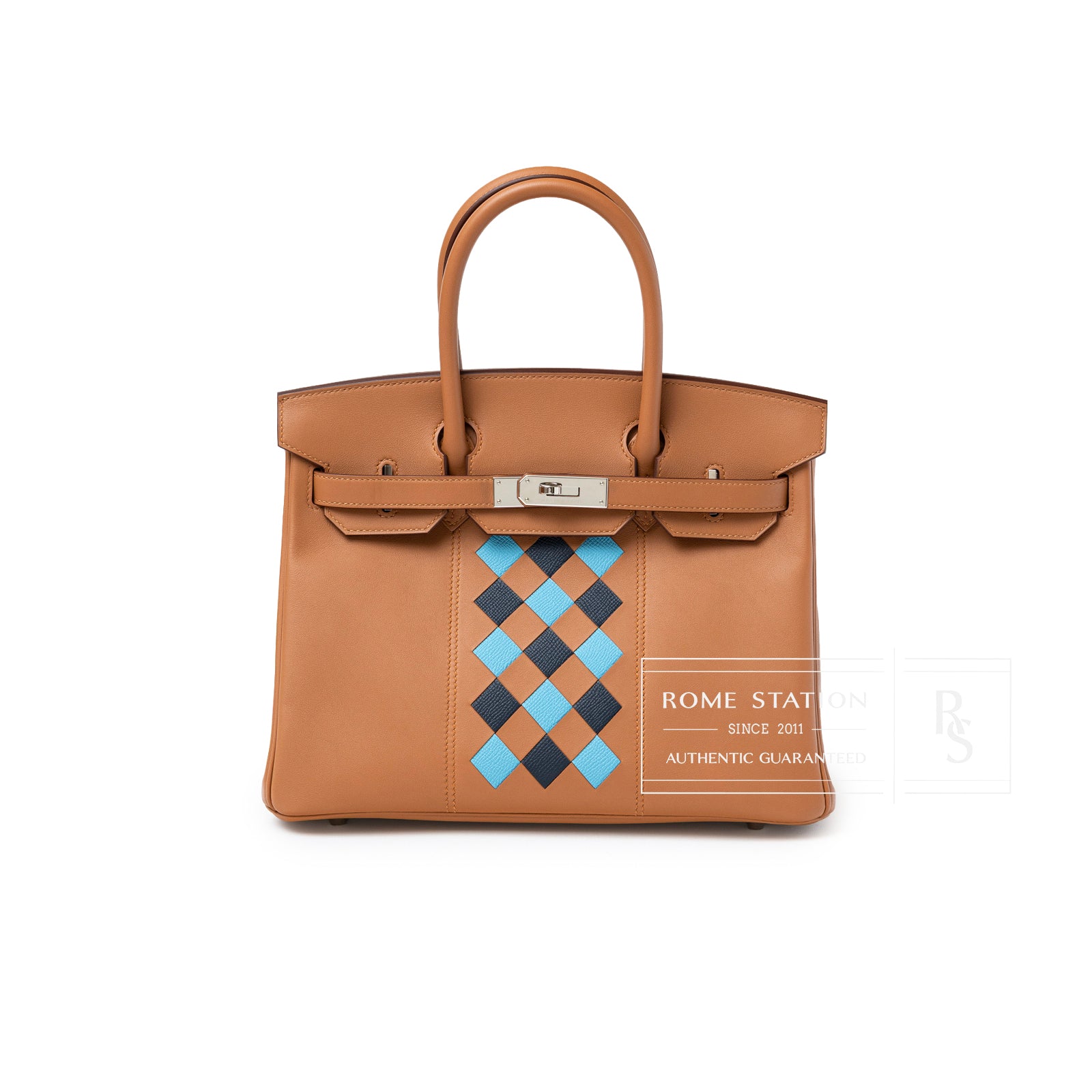 Front view of Hermès Birkin 30 Tressage Gold/Blue Du Nord/Blue Indigo Swift/Epsom Palladium Hardware showing diamond pattern detail
