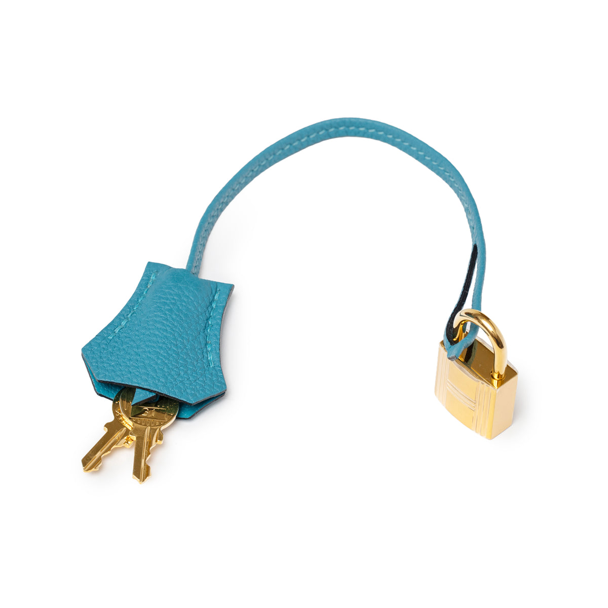 Close-up of Hermès Birkin 30 Turquoise Togo Gold Hardware key clochette with keys and gold padlock detail