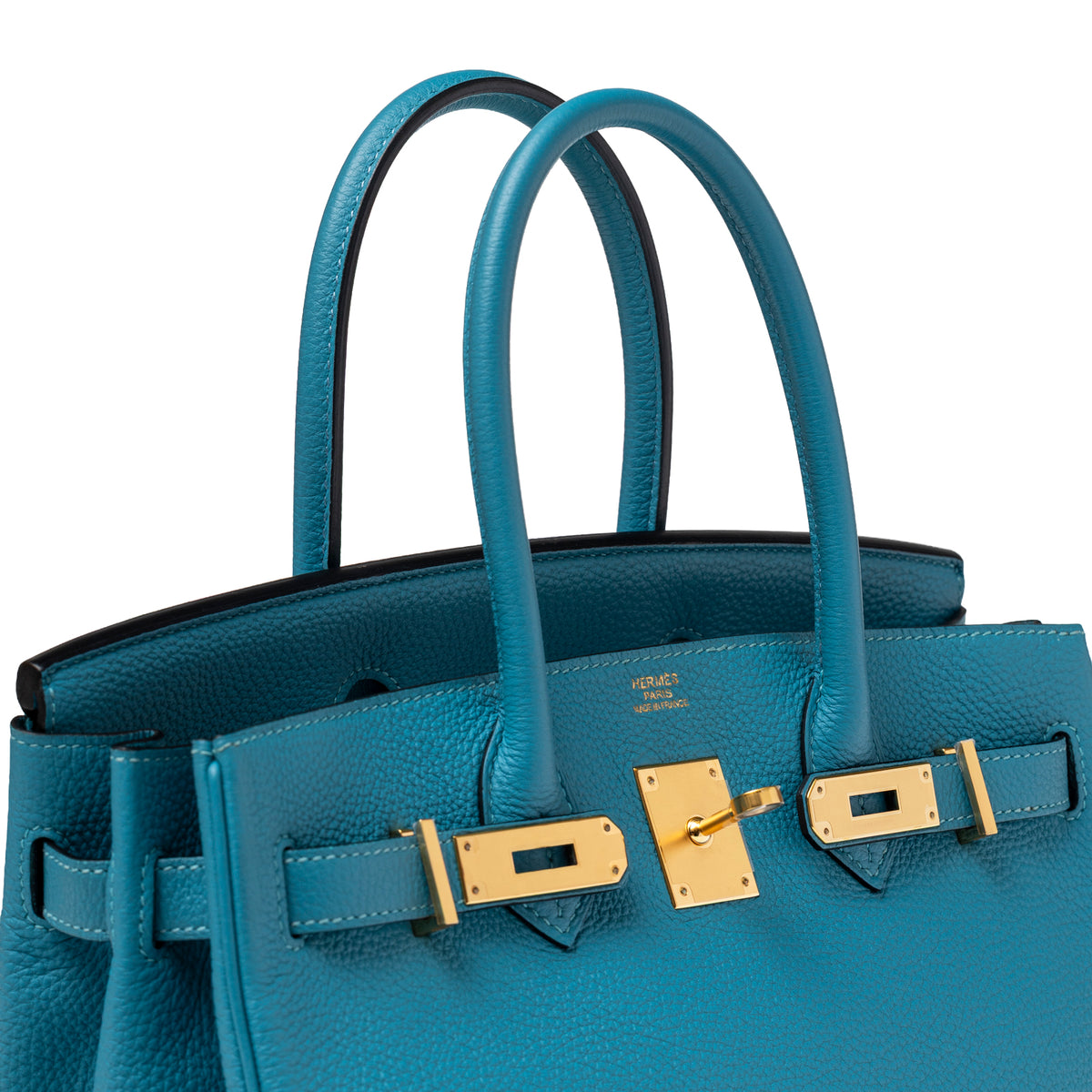 Close-up of Hermès Birkin 30 Turquoise Togo Gold Hardware showing gold clasp