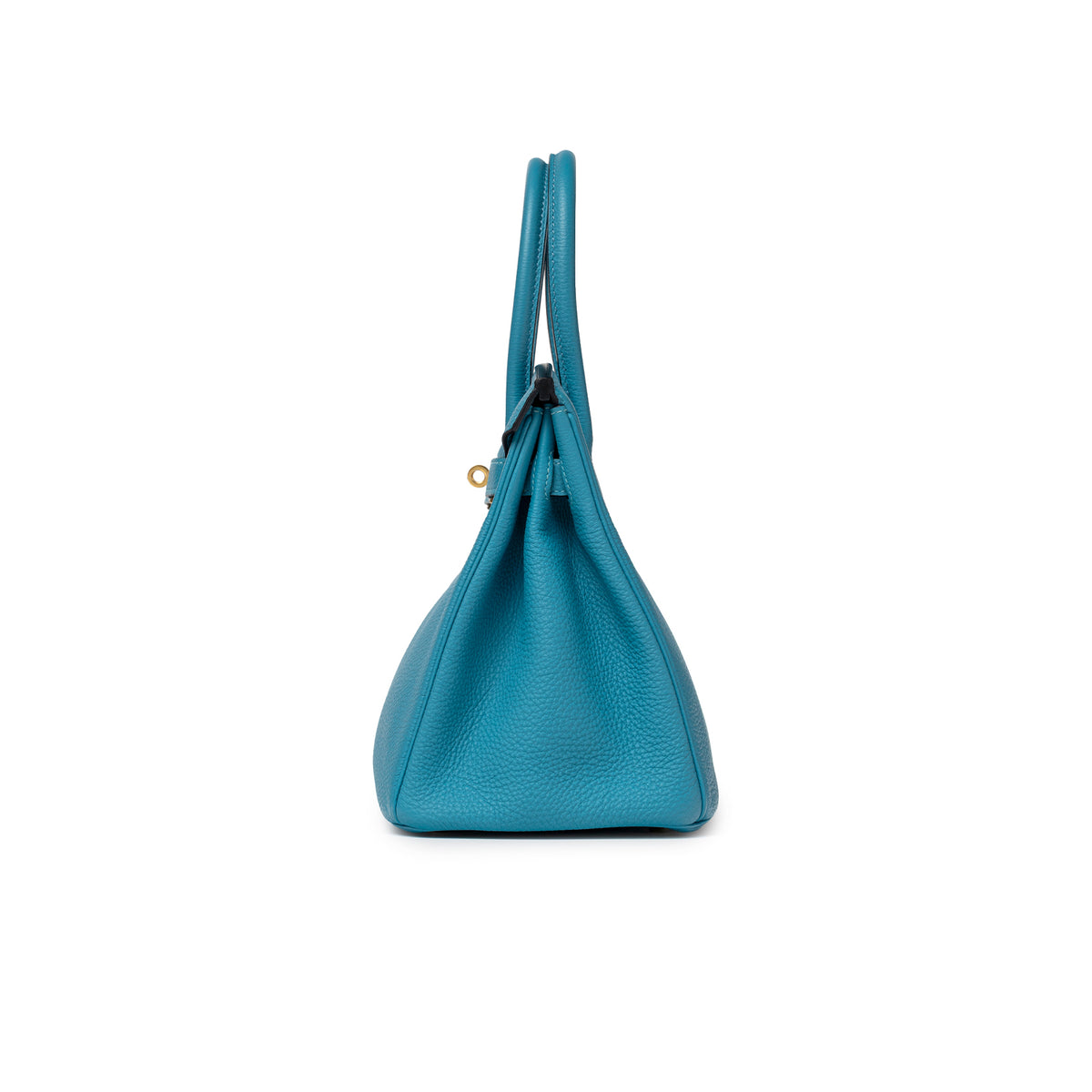 Side profile of Hermès Birkin 30 Turquoise Togo Gold Hardware showing textured leather and structured handles
