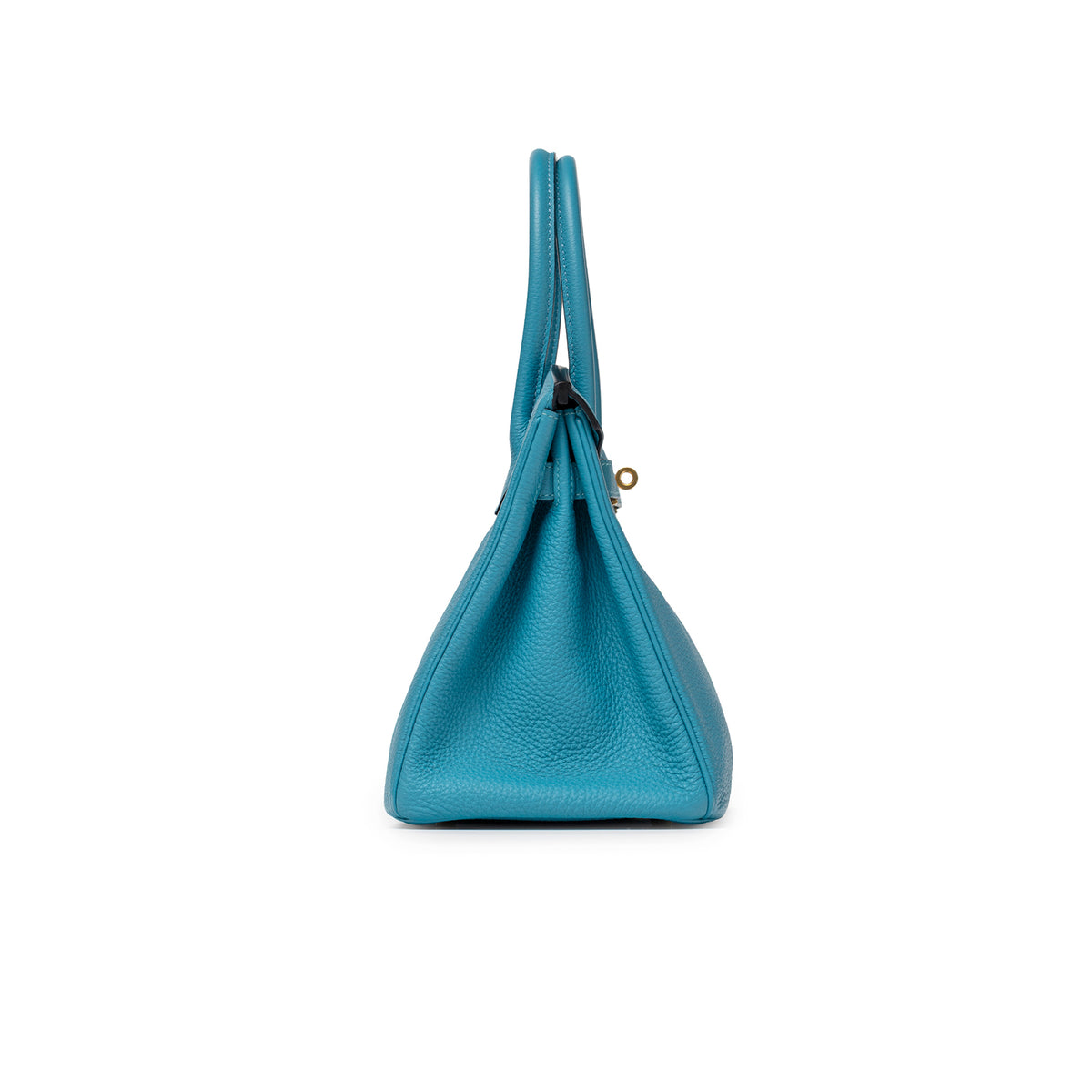 Side angle of Hermès Birkin 30 Turquoise Togo Gold Hardware