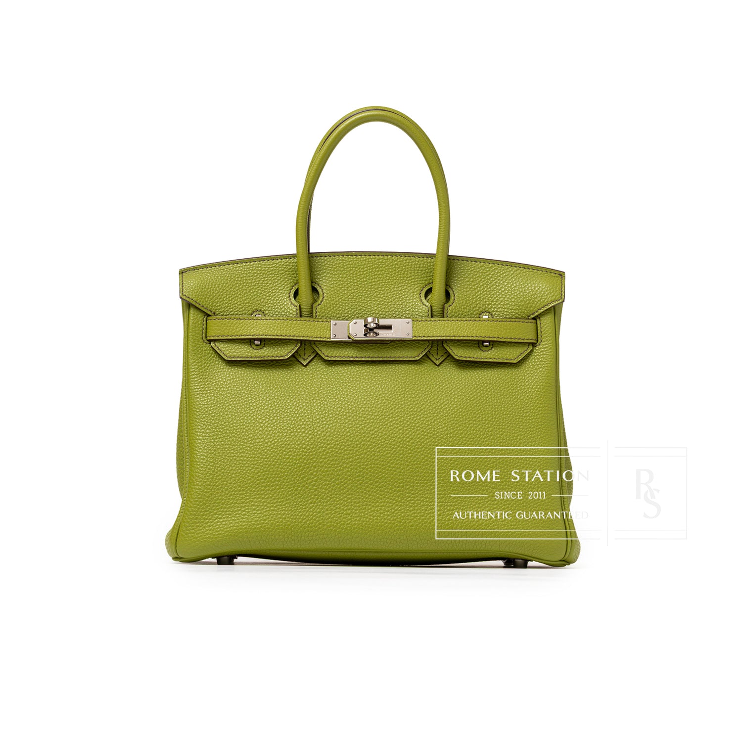 Front view of Hermès Birkin 30 Vert Anis Togo Palladium Hardware highlighting textured leather and palladium clasp detail