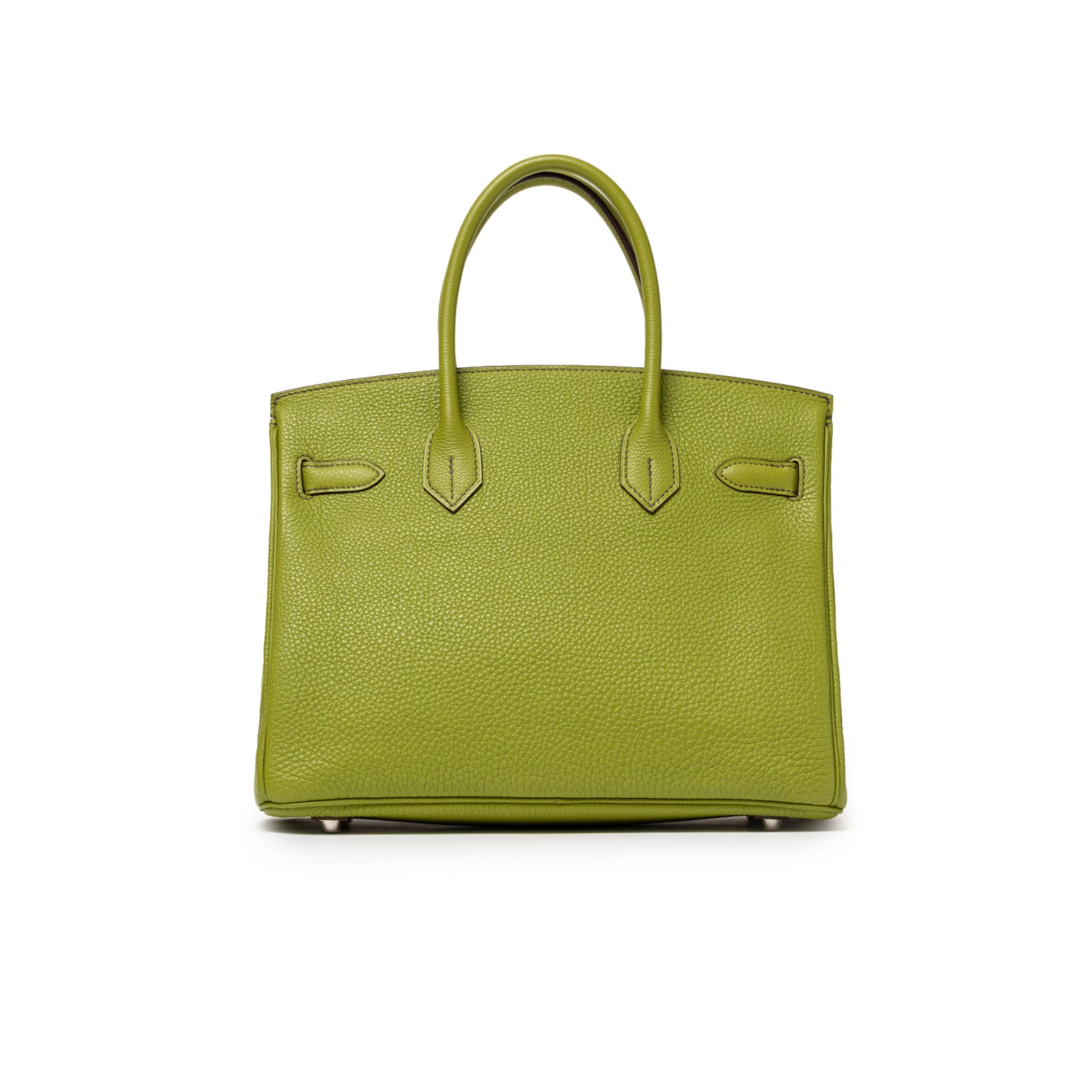 Back view of Hermès Birkin 30 Vert Anis Togo Palladium Hardware showcasing textured leather and handles
