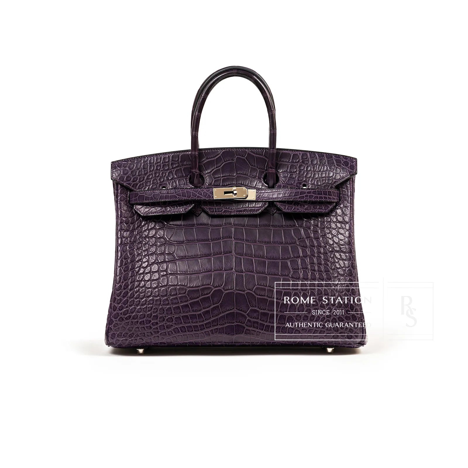 Front view of Hermès Birkin 35 Amethyste matte alligator with palladium hardware and sturdy top handles.