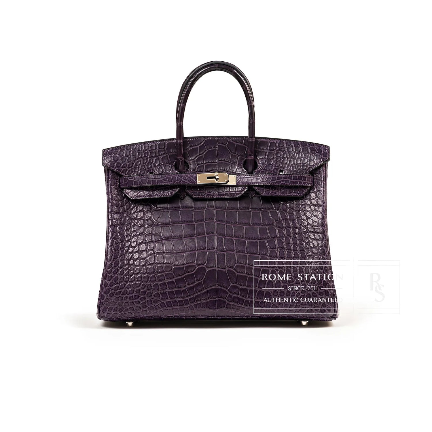 Front view of Hermès Birkin 35 Amethyste matte alligator with palladium hardware and sturdy top handles.