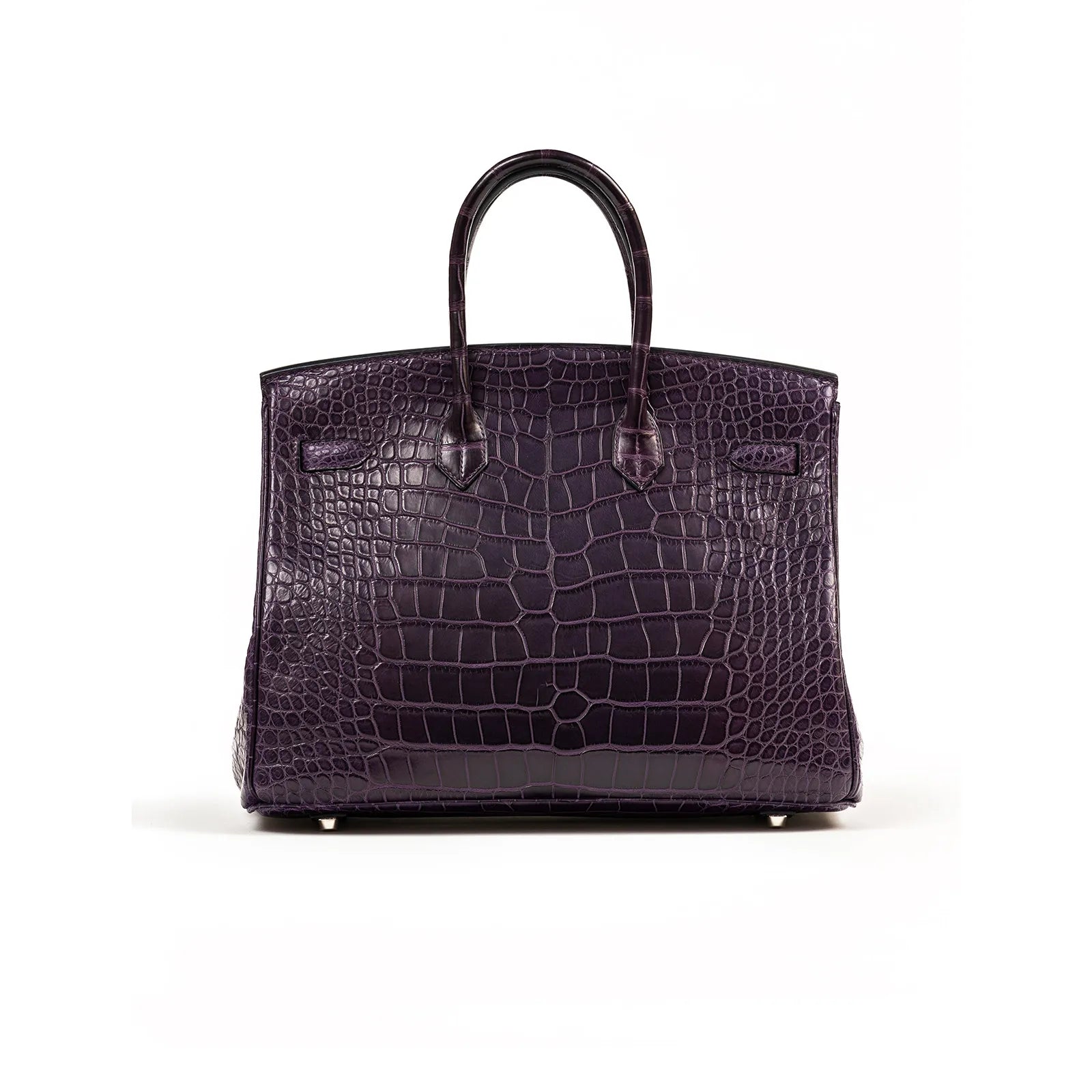 Back view of Hermès Birkin 35 Amethyste Matte Alligator with palladium hardware in like new condition.