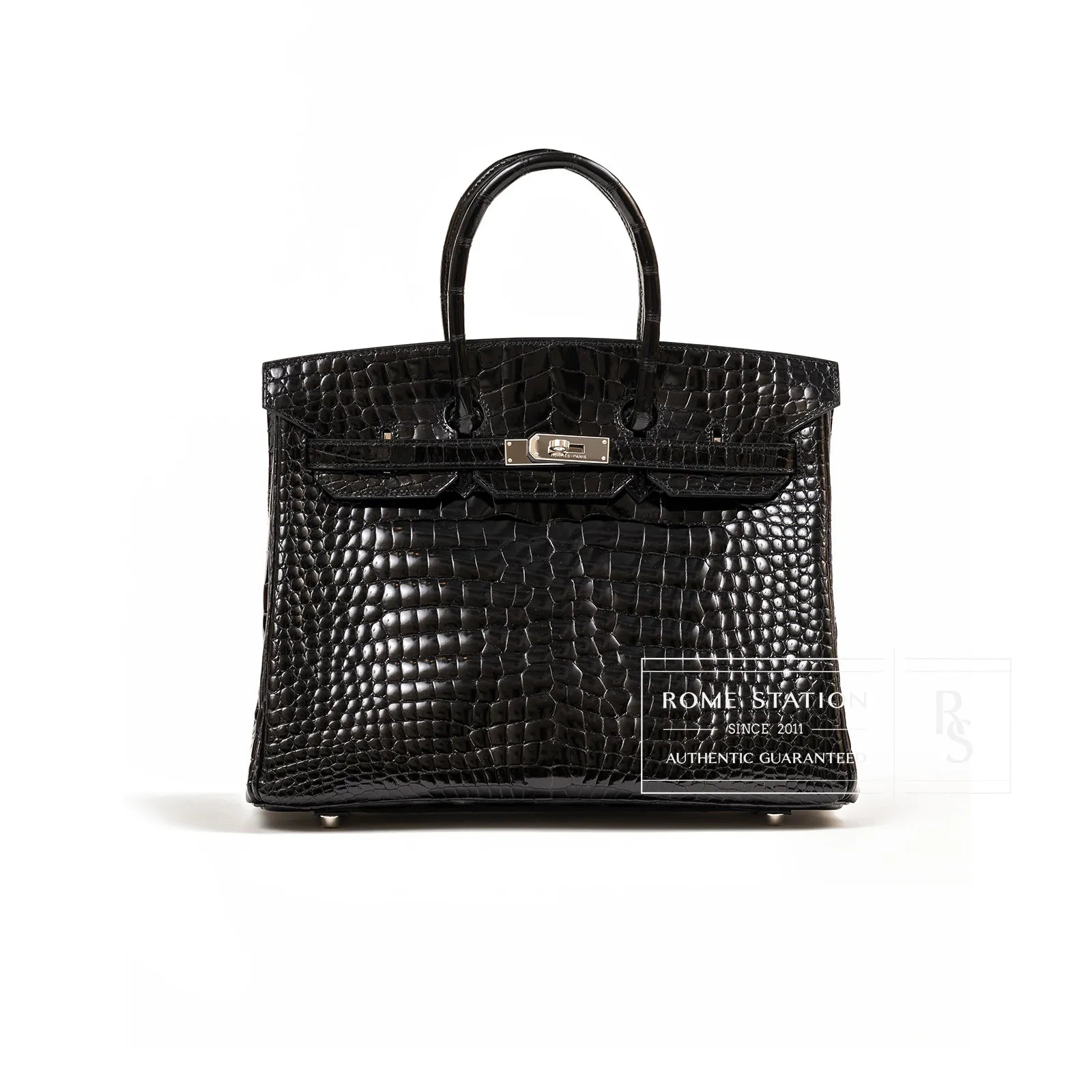 Front view of Hermès Birkin 35 Black Shiny Porosus crocodile leather with palladium hardware