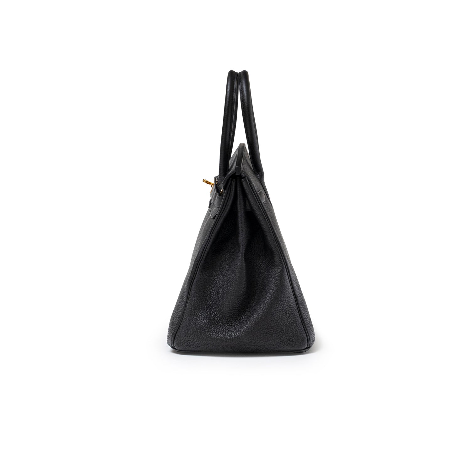 Side profile of Hermès Birkin 35 Black Togo Gold Hardware showcasing textured leather and structured silhouette