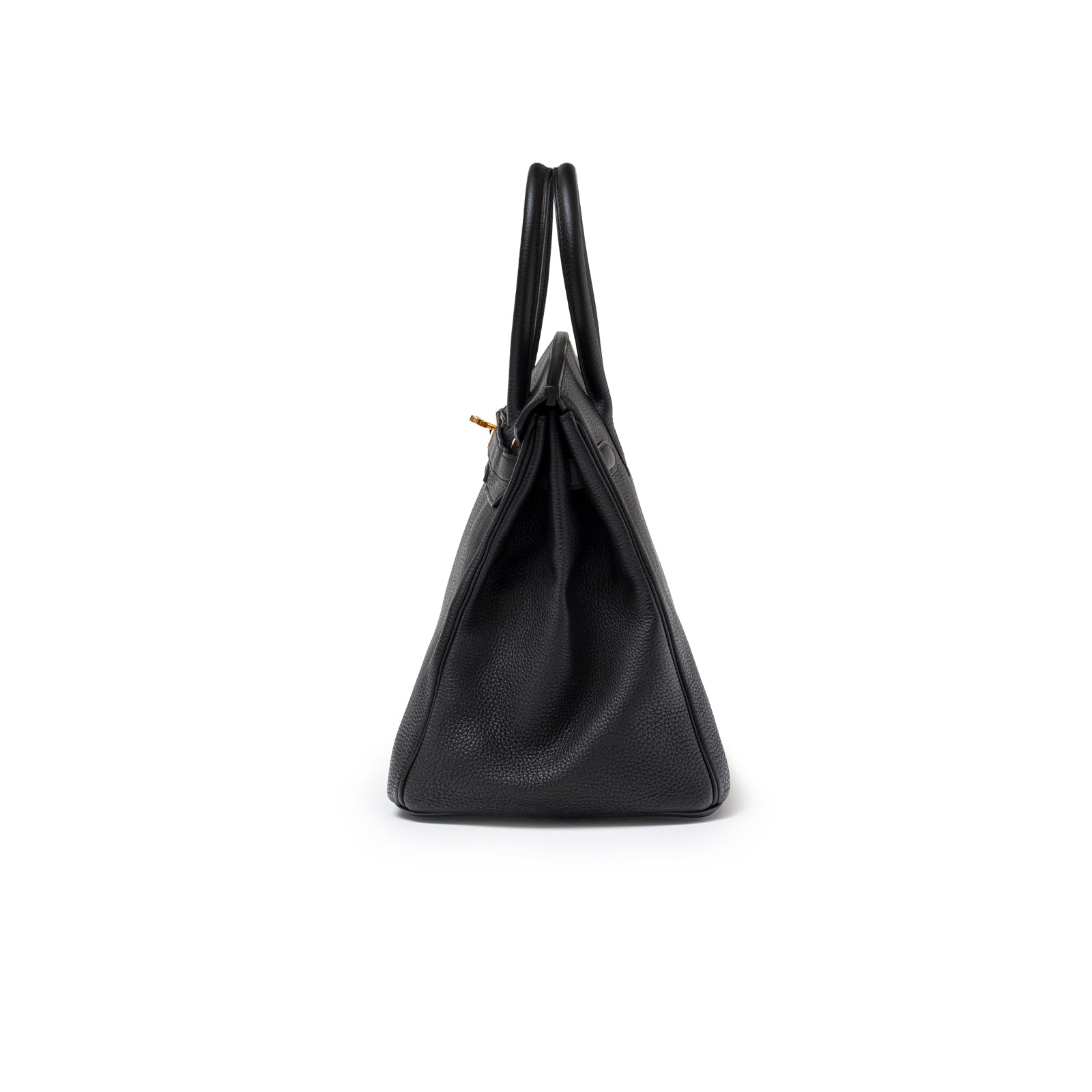 Side profile of Hermès Birkin 35 Black Togo Gold Hardware showcasing textured leather and structured silhouette