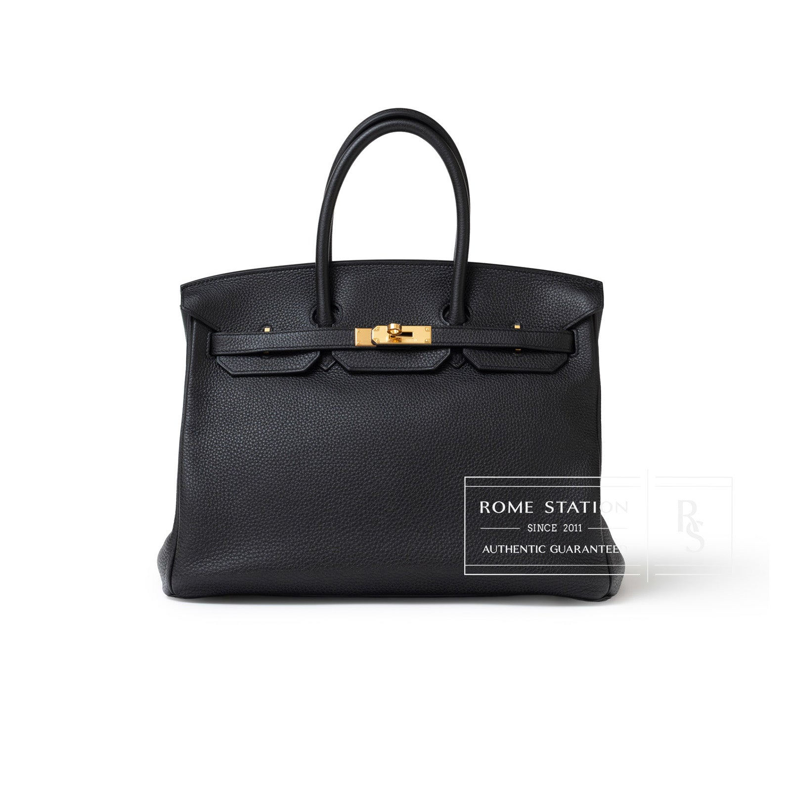 Front view of Hermès Birkin 35 Black Togo Gold Hardware showing structured shape and clasp details.
