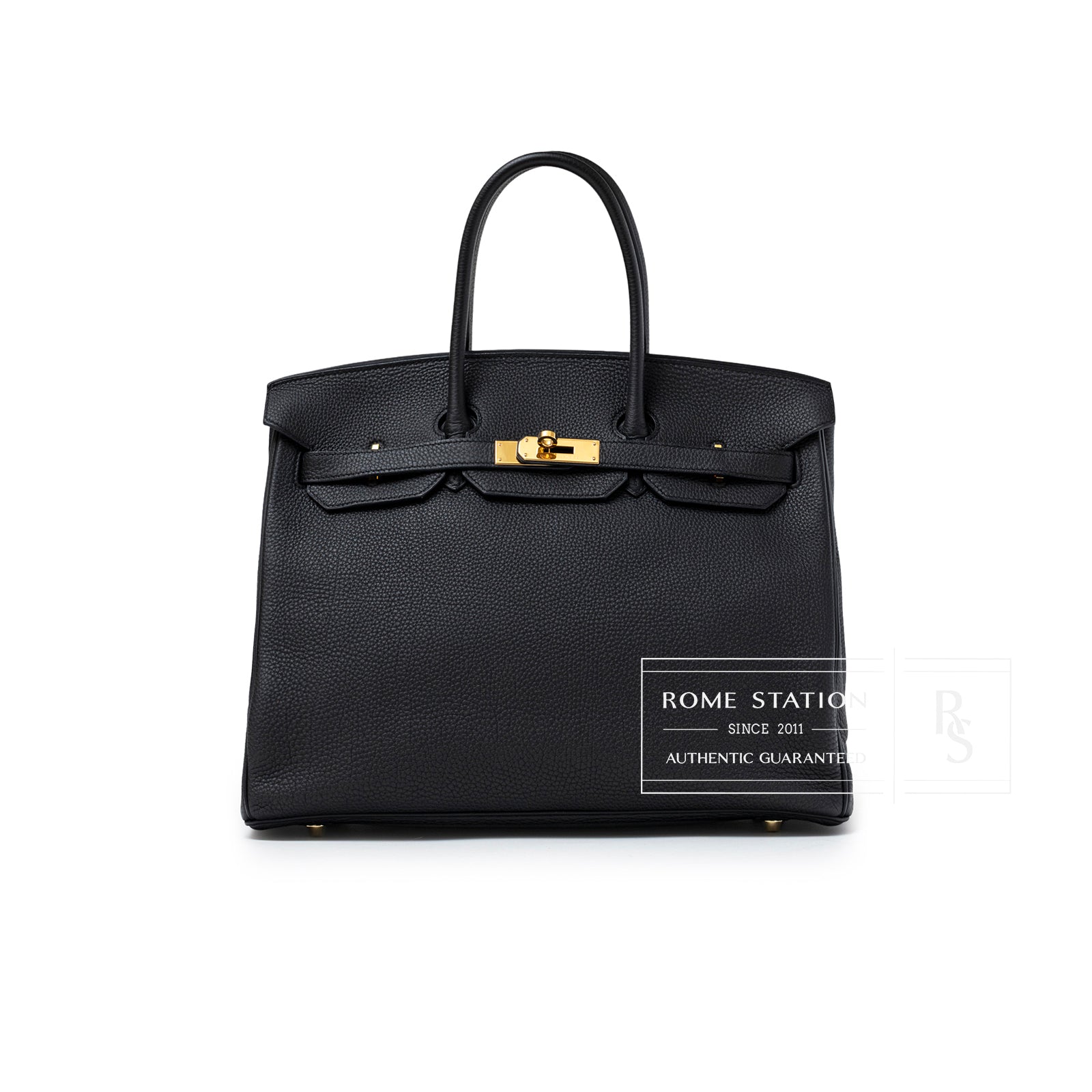 Front view of Hermès Birkin 35 Black Togo Gold Hardware bag showing grain leather and gold clasp detail