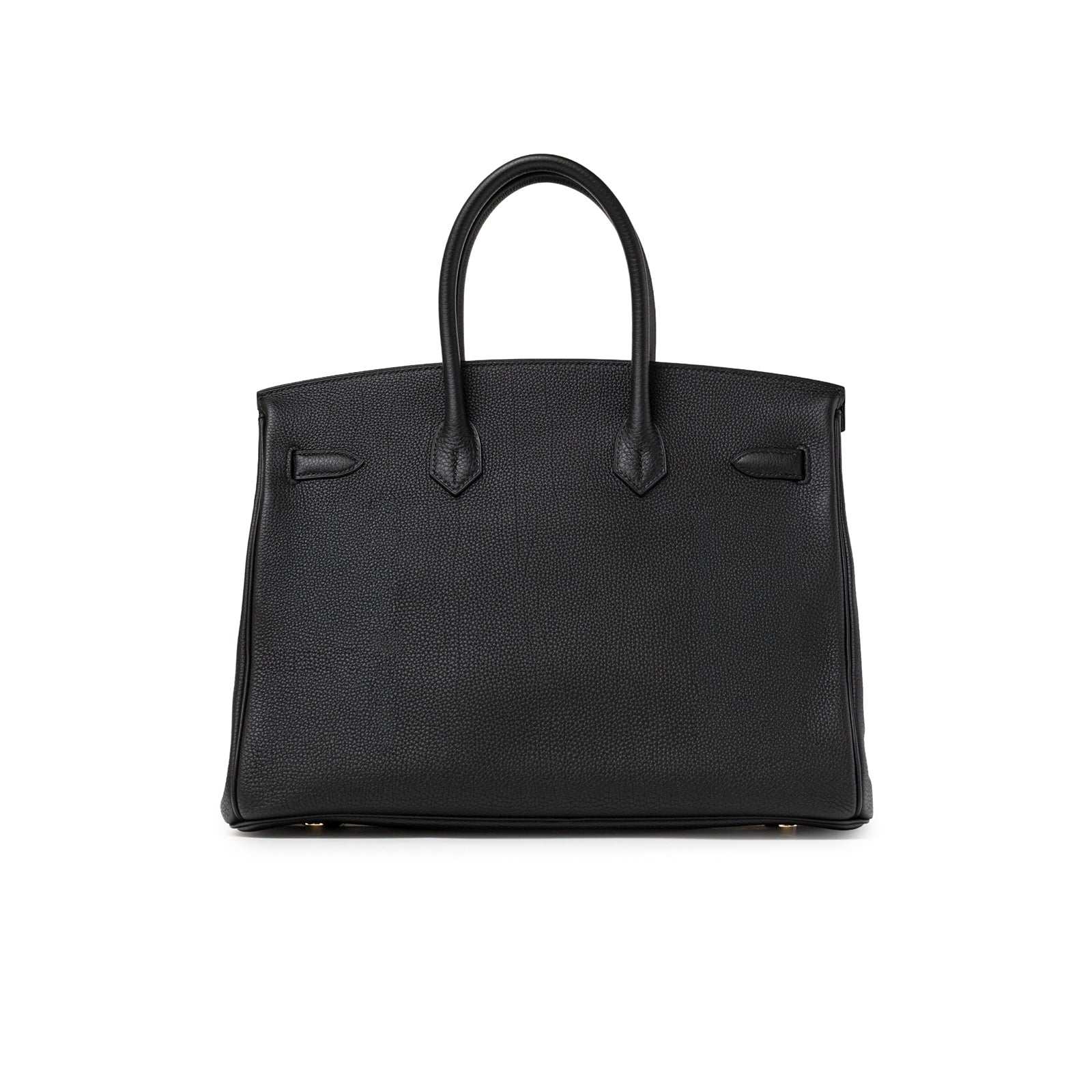 Back view of Hermès Birkin 35 Black Togo Gold Hardware showing smooth black leather and handles upright