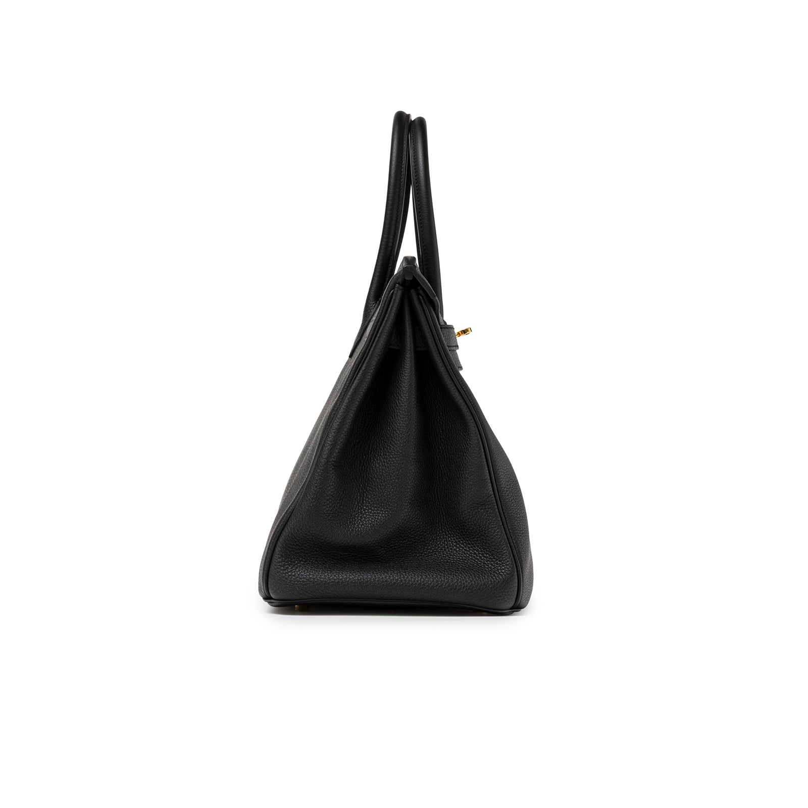Side profile of Hermès Birkin 35 Black Togo Gold Hardware showing textured leather and slim handles.