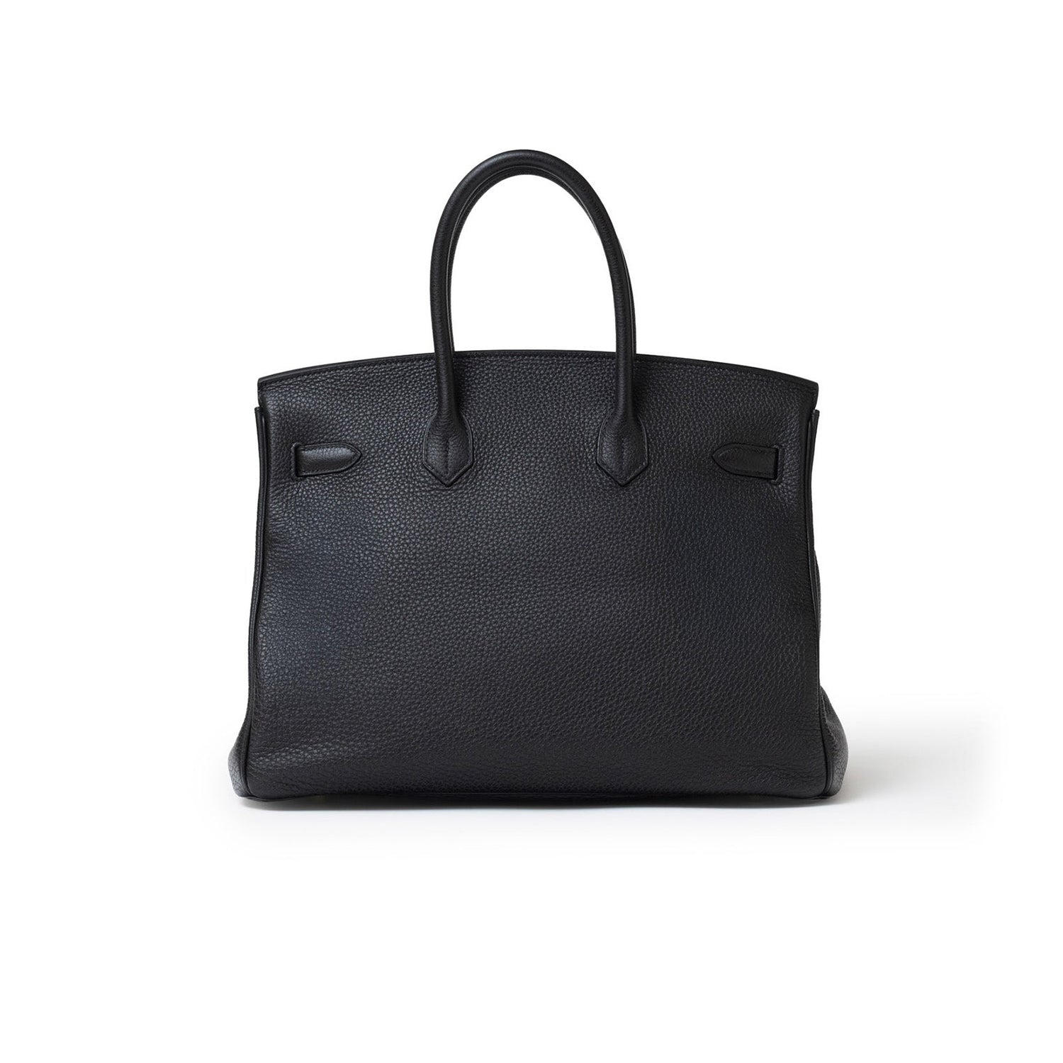 Back view of Hermès Birkin 35 Black Togo Gold Hardware leather handbag with top handles visible