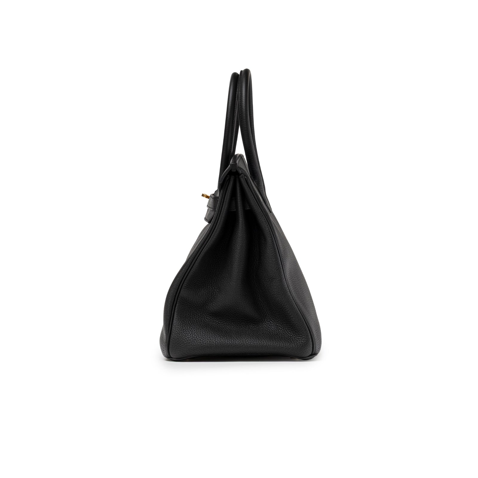 Side view of Hermès Birkin 35 Black Togo Gold Hardware showcasing textured leather and handle details.