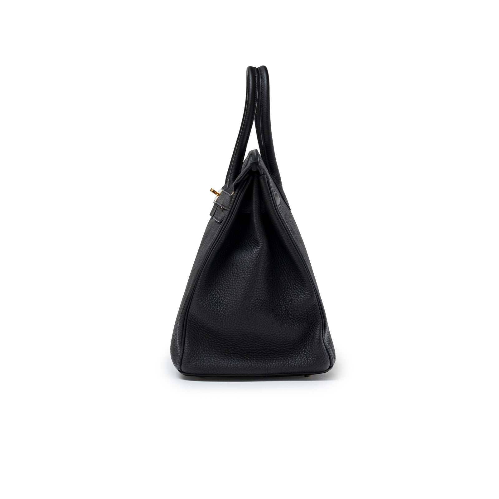 Side profile of Hermès Birkin 35 Black Togo Gold Hardware showing textured grain leather and structured silhouette