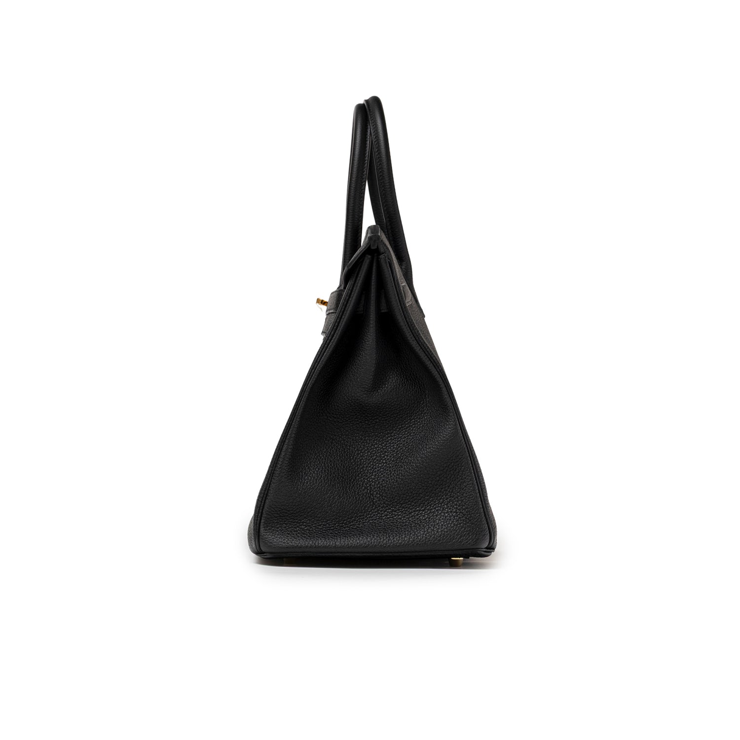Side profile of Hermès Birkin 35 Black Togo Gold Hardware showcasing textured leather and slim handles