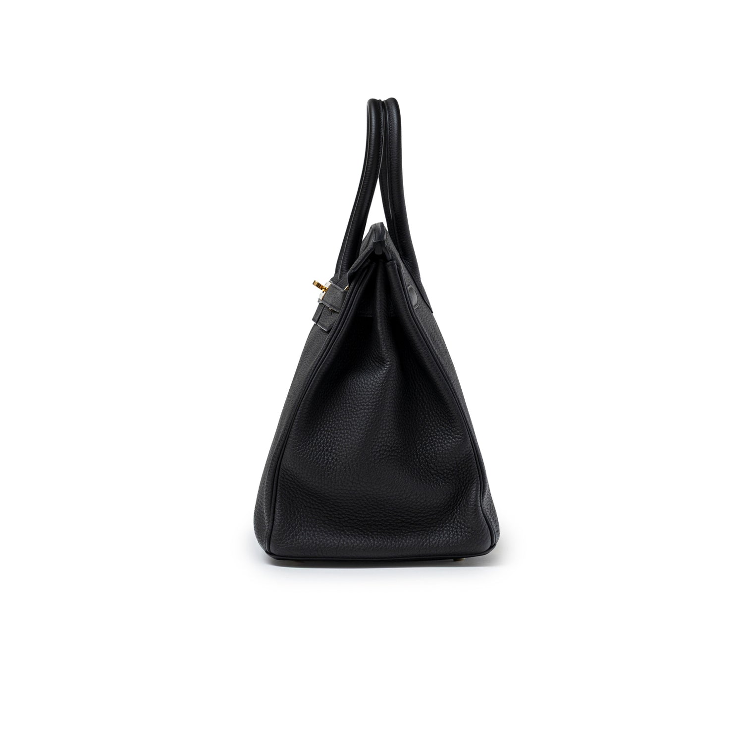 Side profile of Hermès Birkin 35 Black Togo Gold Hardware showing textured grain leather and structured silhouette
