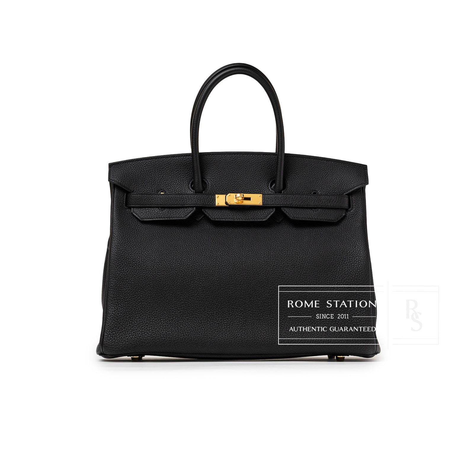Front view of Hermès Birkin 35 Black Togo Gold Hardware showing smooth leather and gold clasp detail