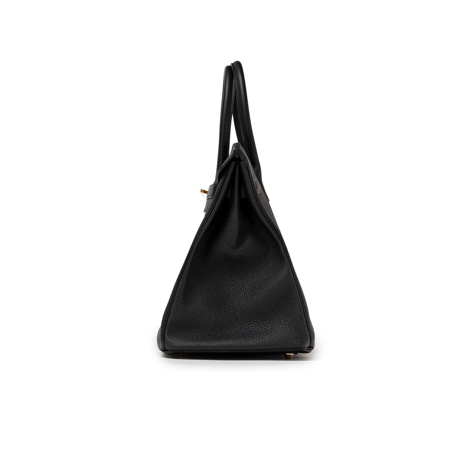 Side profile of Hermès Birkin 35 Black Togo Gold Hardware showcasing textured leather and slim handles