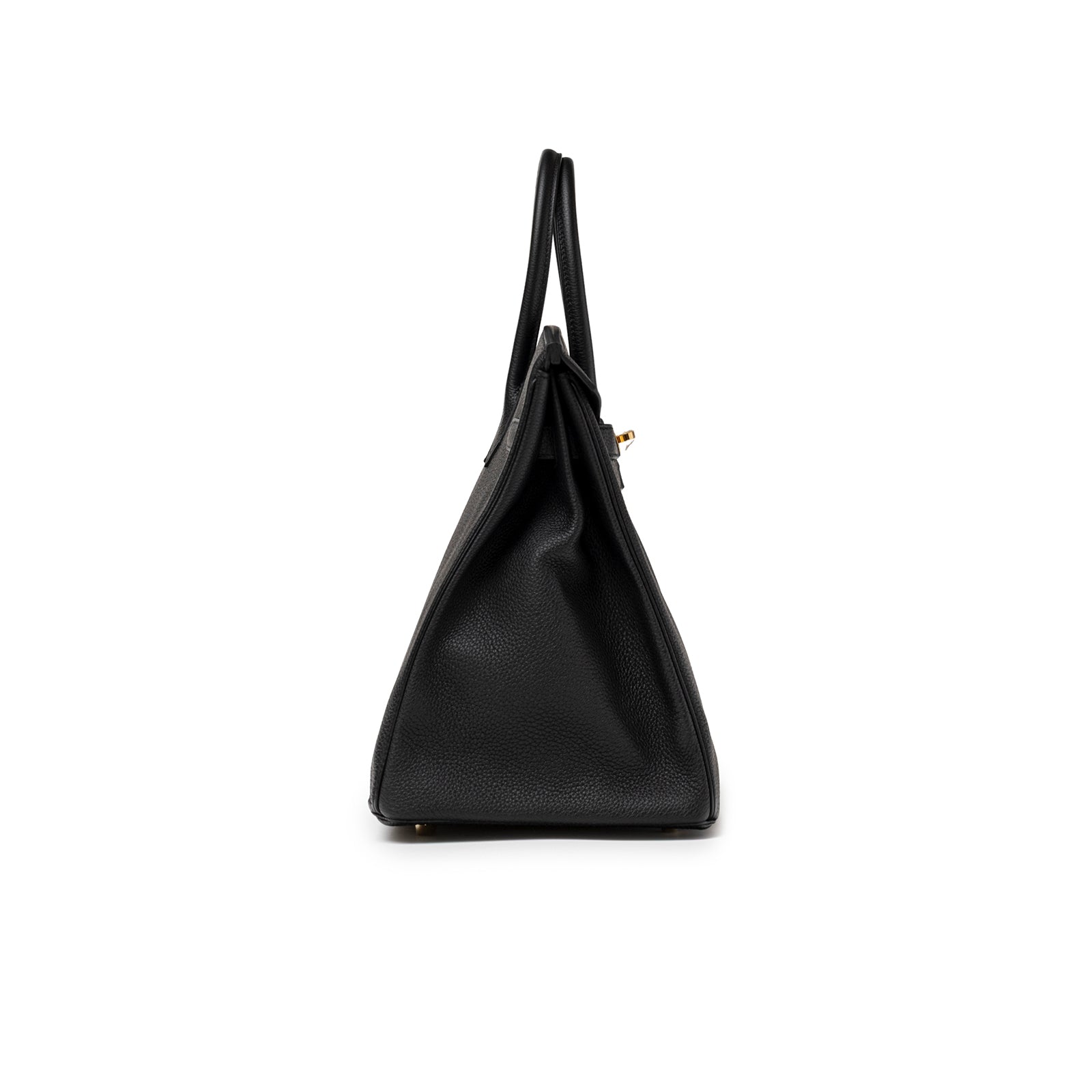 Side profile of Hermès Birkin 35 Black Togo Gold Hardware emphasizing structured silhouette and fine leather grain detail