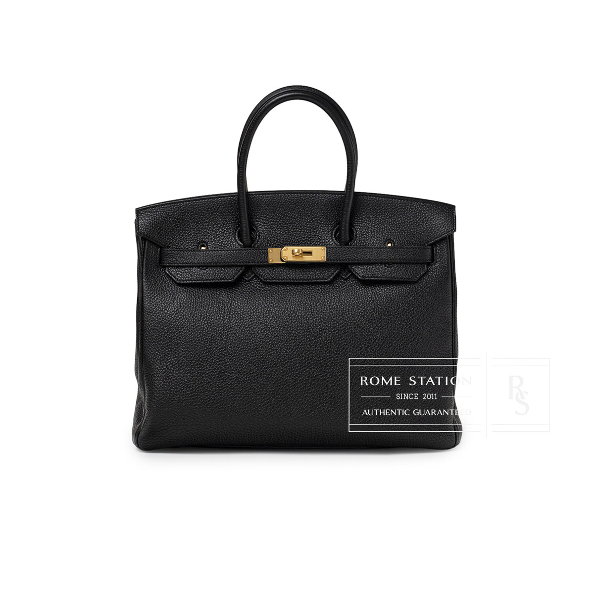 Front view of Hermès Birkin 35 Black Togo Gold Hardware showing textured leather and gold clasp detail