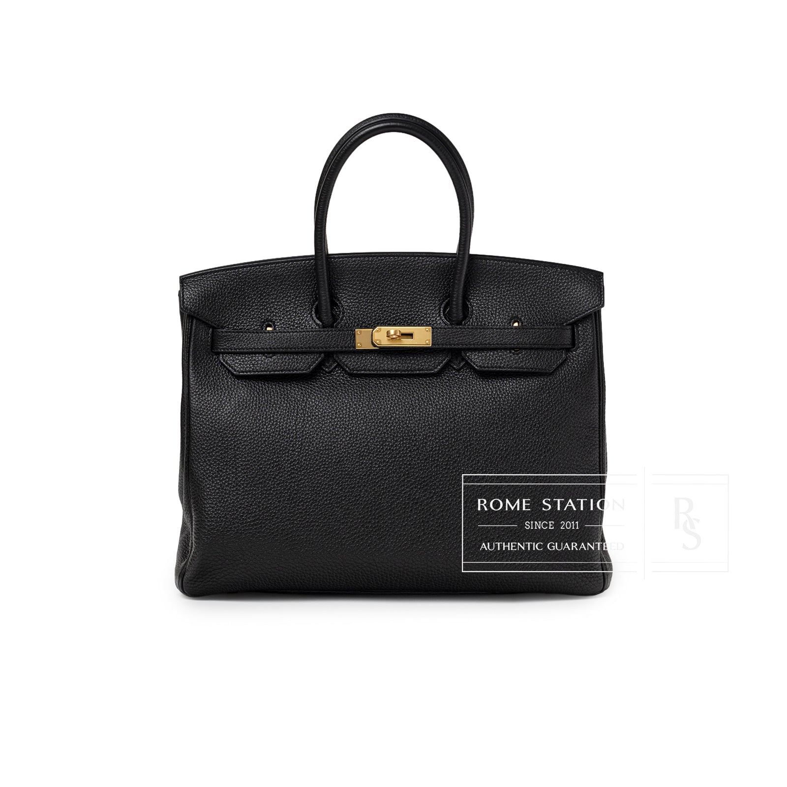 Front view of Hermès Birkin 35 Black Togo Gold Hardware showing textured leather and gold clasp detail