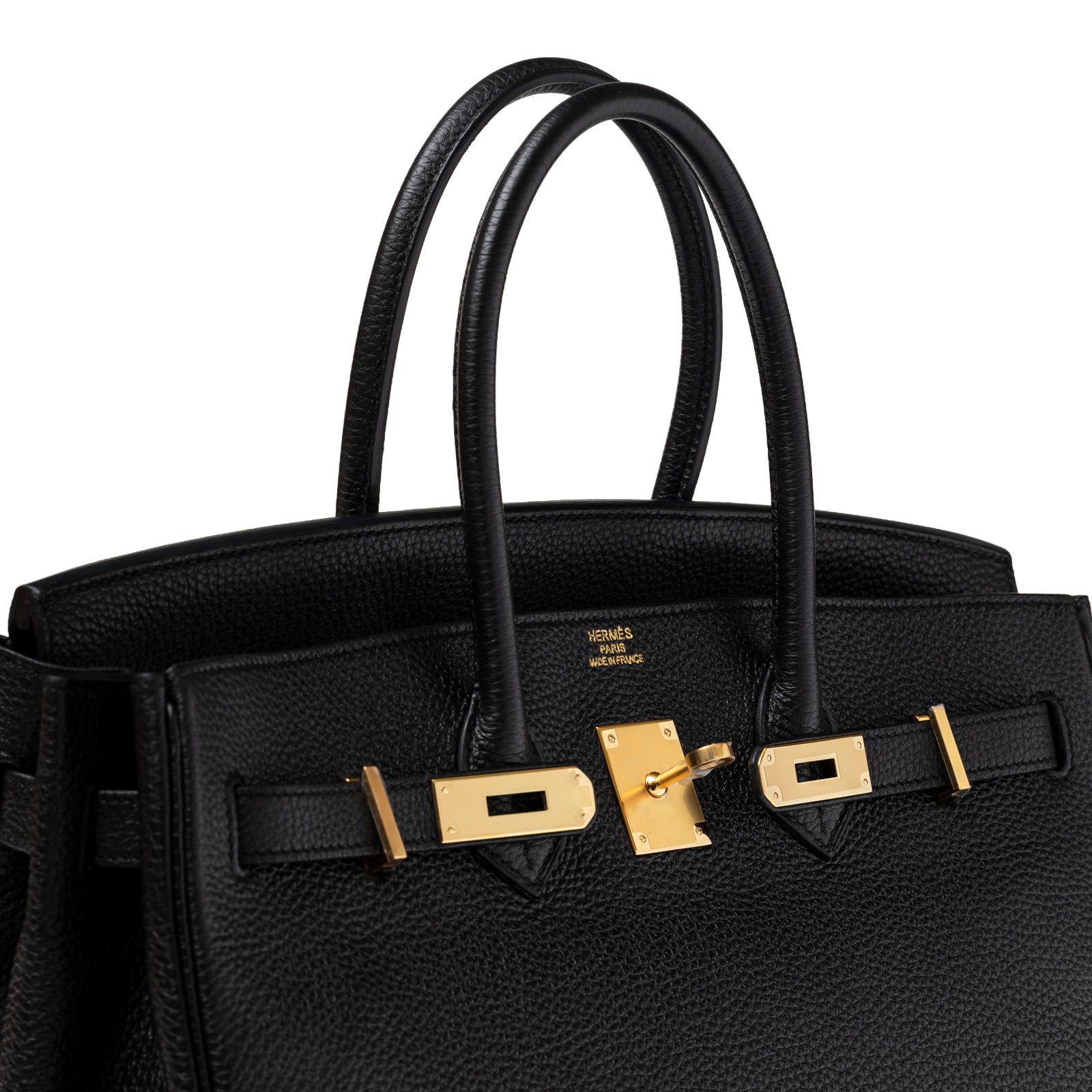 Close-up of Hermès Birkin 35 Black Togo Gold Hardware showing smooth pebbled leather and gold clasp detail