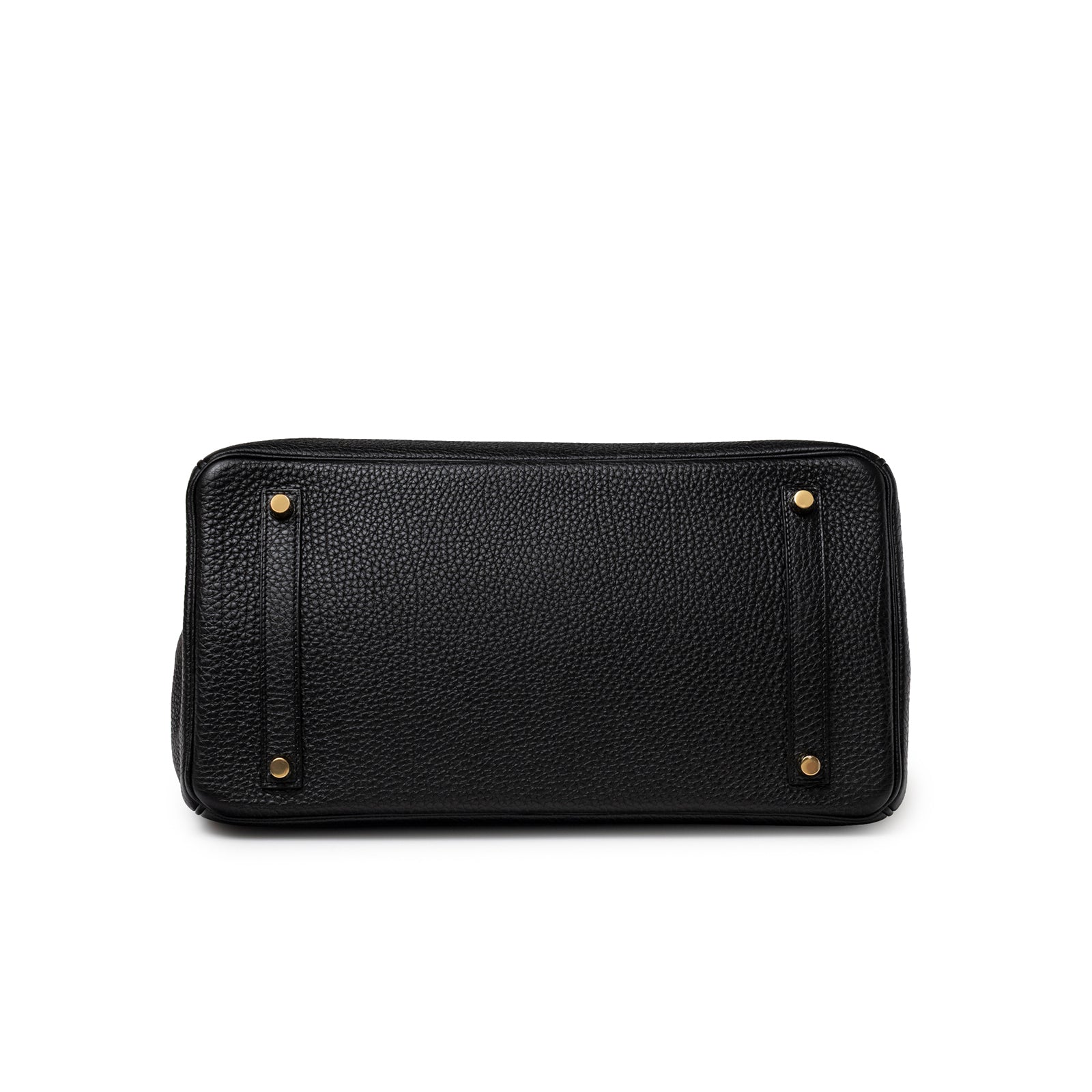 Bottom view of Hermès Birkin 35 Black Togo Gold Hardware showing pebbled leather texture and gold feet studs