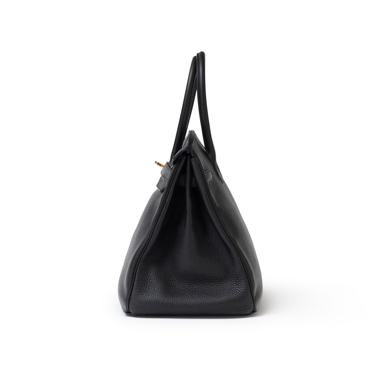 Side view of Hermès Birkin 35 Black Togo Gold Hardware showcasing textured leather and handle drop details.