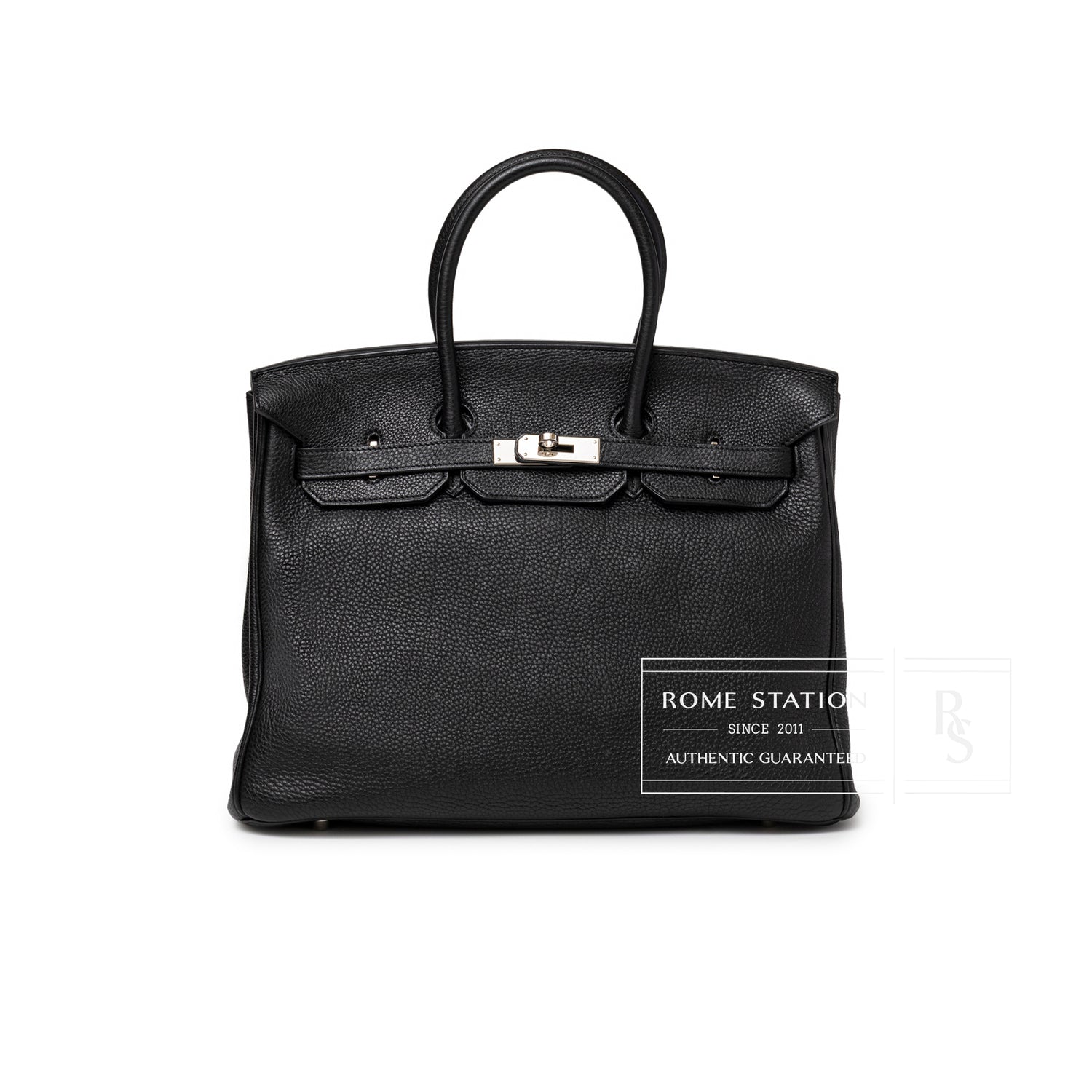 Front view of Hermès Birkin 35 Black Togo Palladium Hardware showing textured leather and lock detail