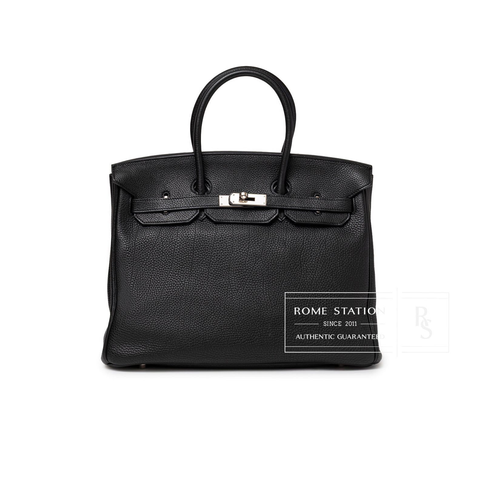 Front view of Hermès Birkin 35 Black Togo Palladium Hardware showing textured leather and lock detail