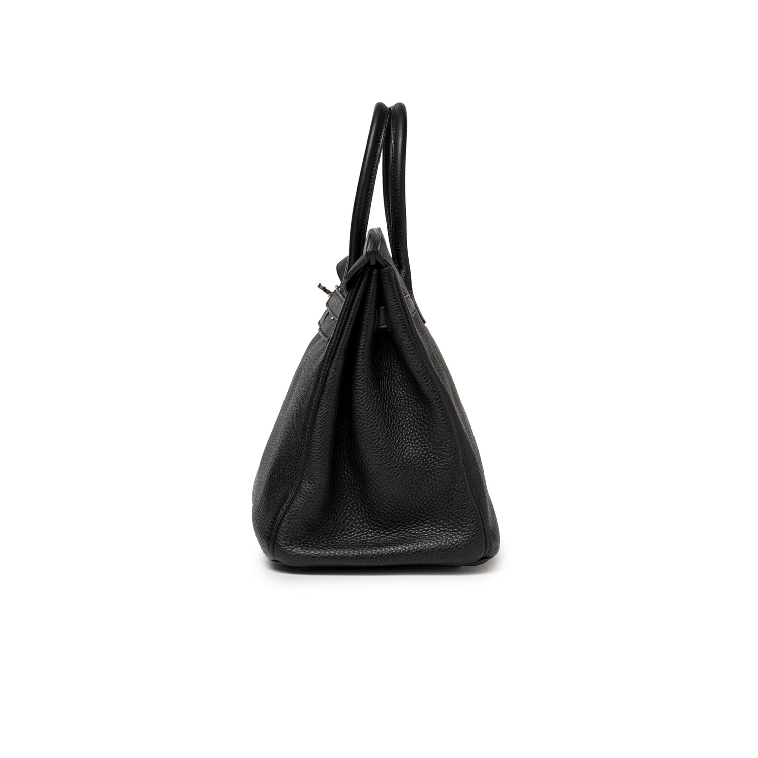 Side profile of Hermès Birkin 35 Black Togo Palladium Hardware showing textured leather and structured silhouette