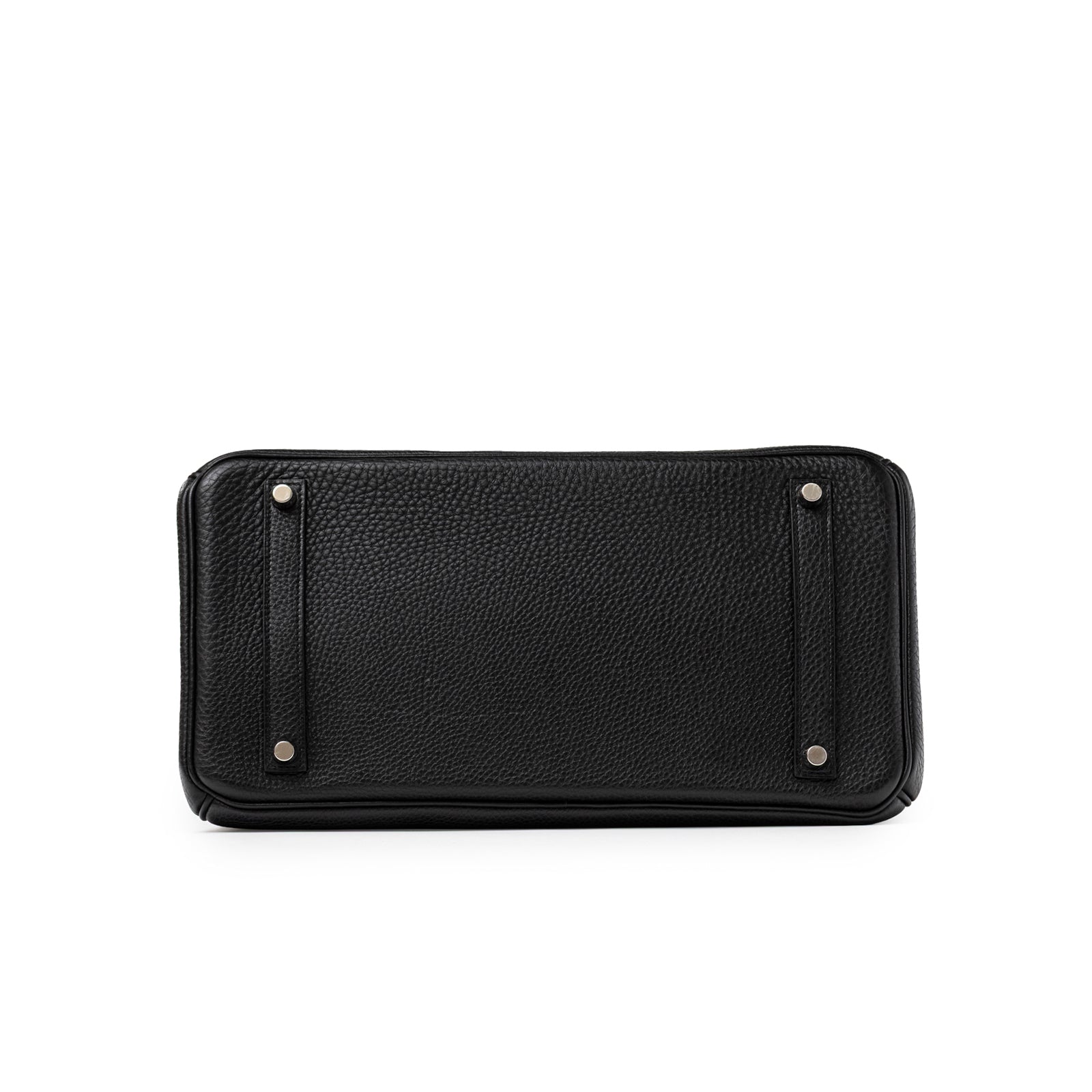 Bottom view of Hermès Birkin 35 Black Togo Palladium Hardware showing textured leather and metal feet protection.