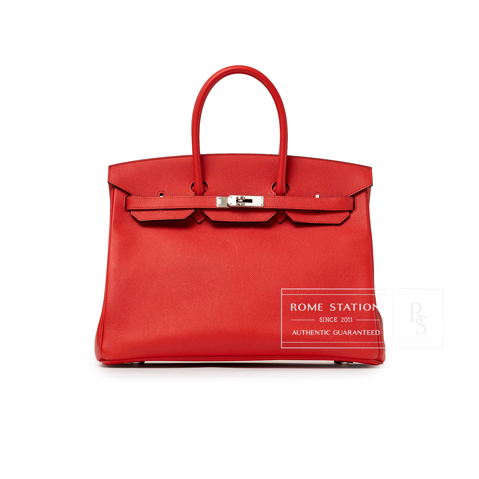 Front view of Hermès Birkin 35 Bougainvillea Epsom Palladium Hardware highlighting vivid leather and hardware details