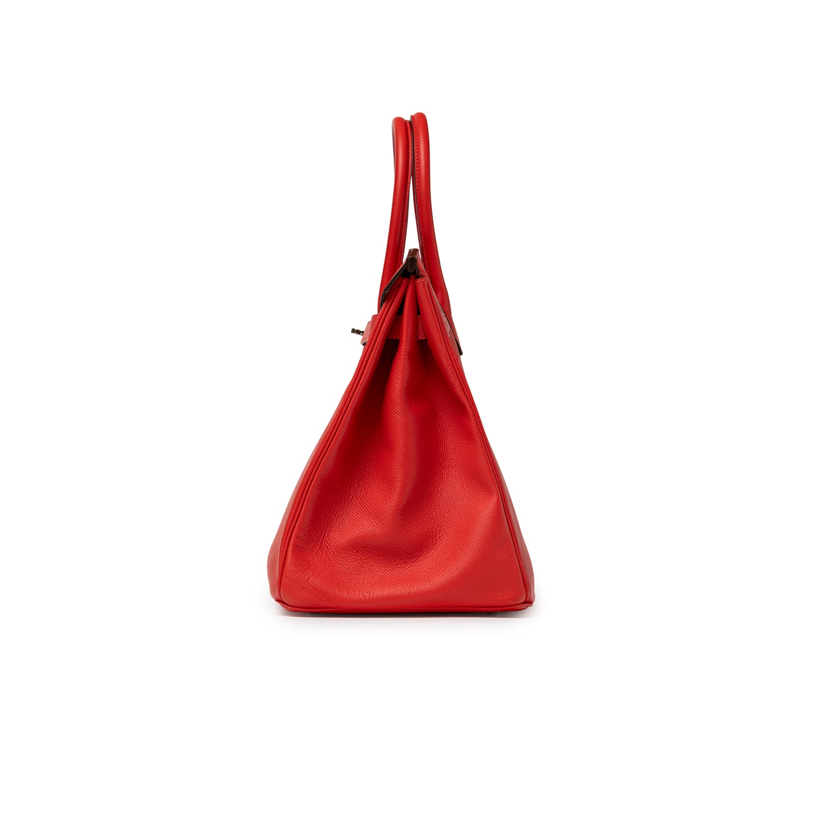 Side profile of Hermès Birkin 35 Bougainvillea Epsom Palladium Hardware showcasing vibrant leather texture and slim shape