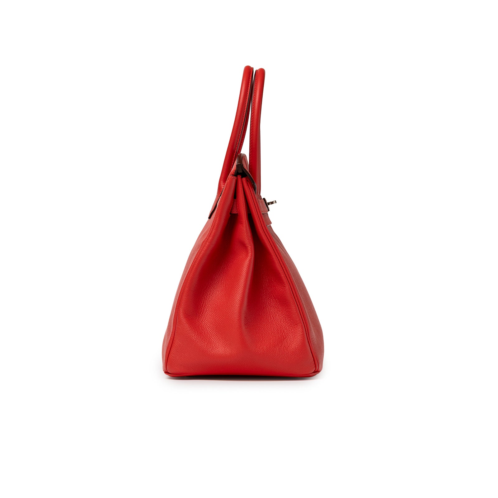 Side view of Hermès Birkin 35 Bougainvillea Epsom Palladium Hardware with textured leather and sturdy handles