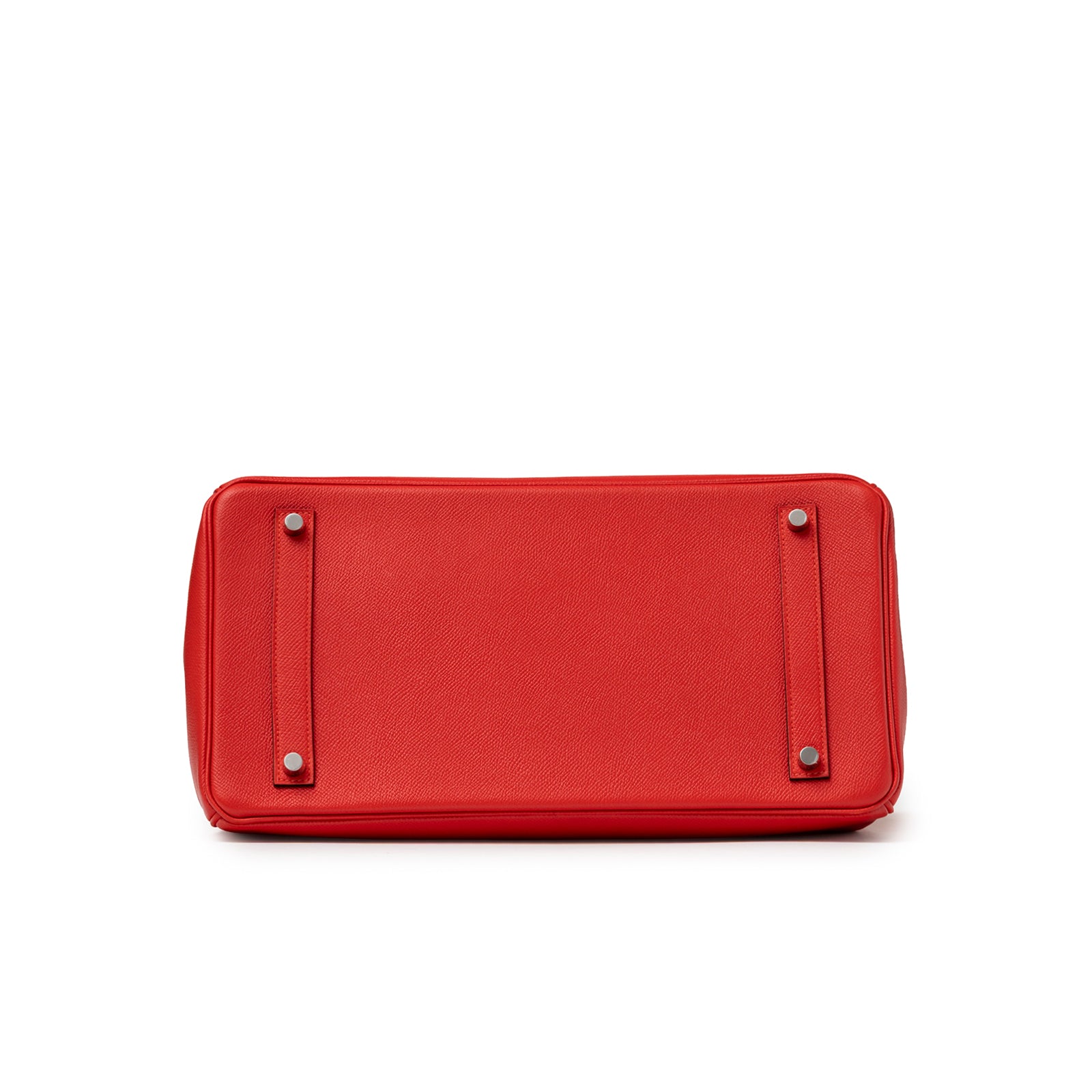 Bottom view of Hermès Birkin 35 Bougainvillea Epsom Palladium Hardware showing base and protective feet details