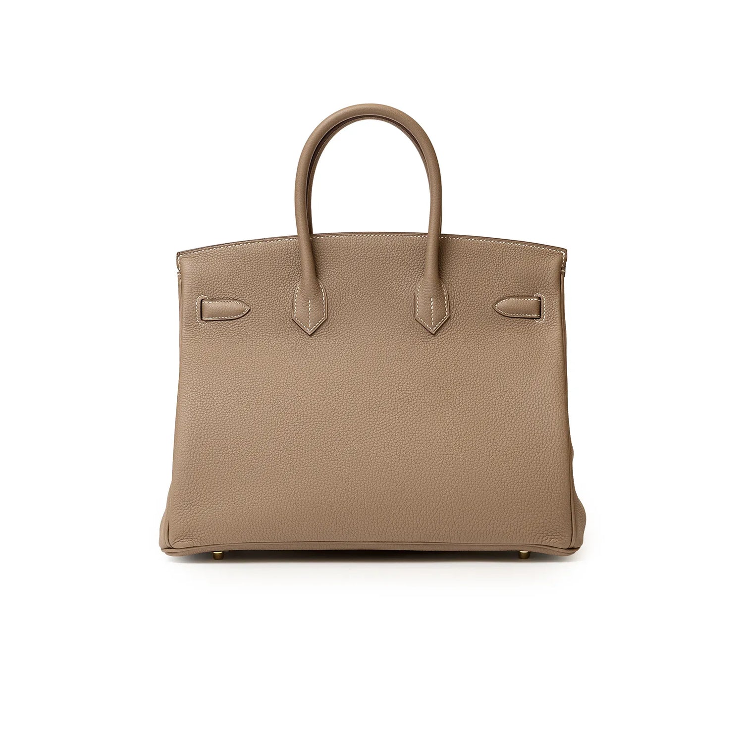 Back view of Hermès Birkin 35 Etoupe Togo leather handbag with gold hardware showing smooth texture