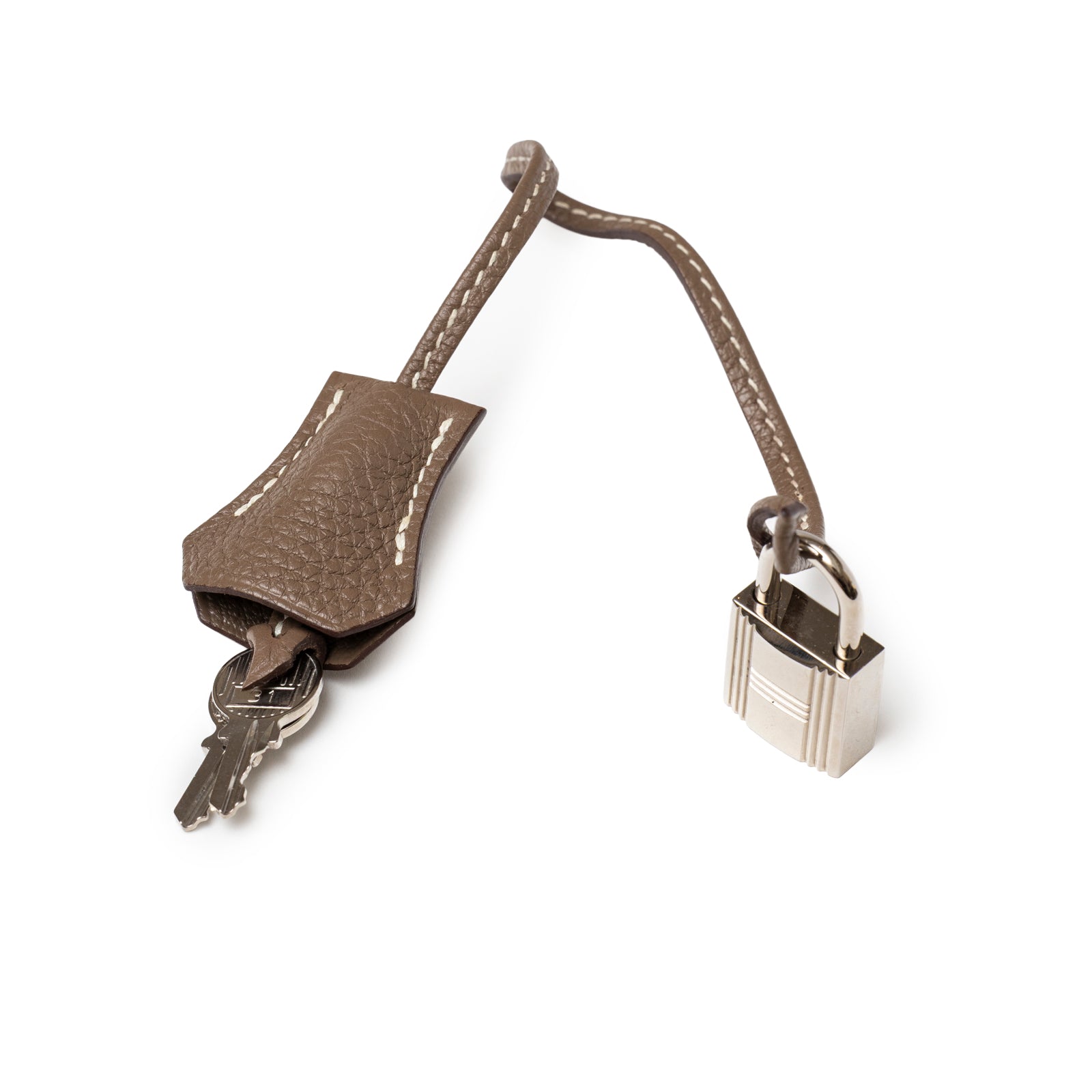 Leather clochette with keys attached to Hermès Birkin 35 Etoupe Togo Palladium Hardware padlock detail