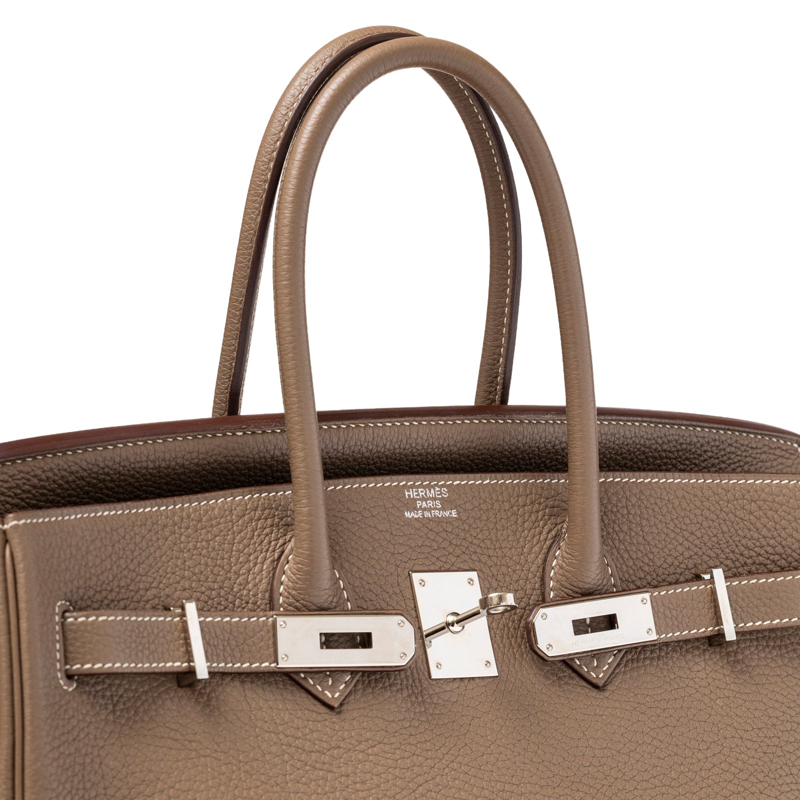 Close-up of Hermès Birkin 35 Etoupe Togo Palladium Hardware showing handle, lock, and textured leather details